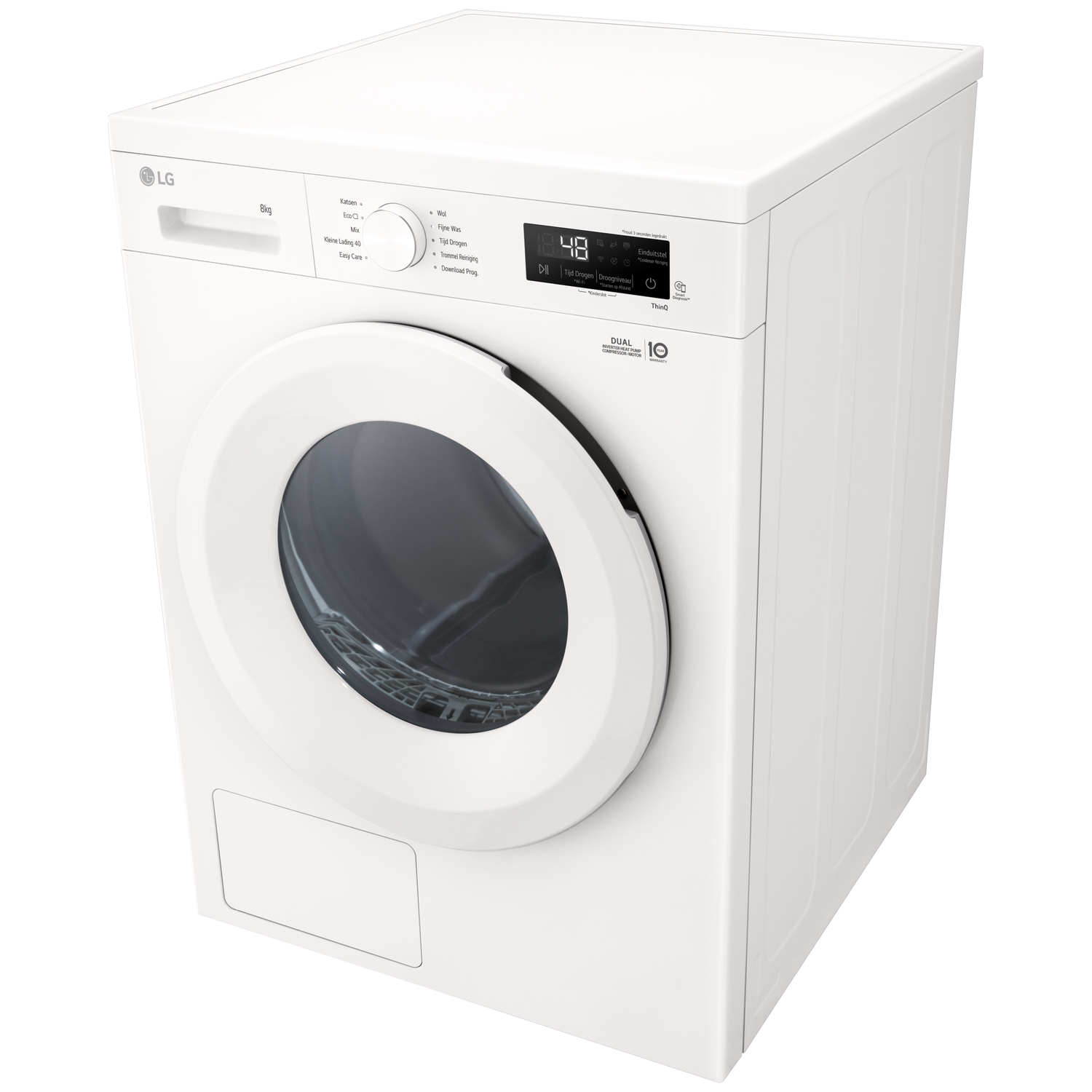 Une machine à laver LG blanche avec une porte ronde et un écran numérique.
