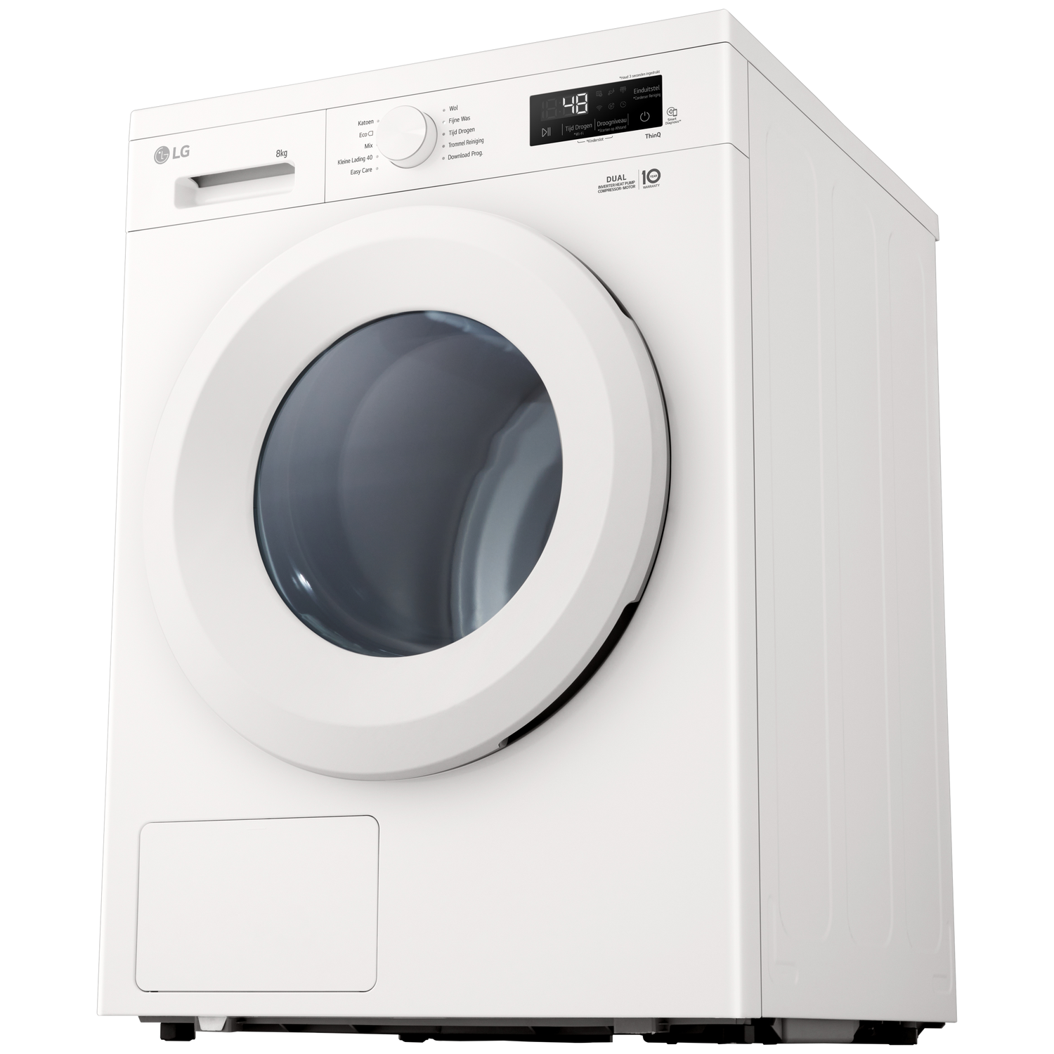 Une machine à laver LG blanche avec une porte ronde et un écran numérique.