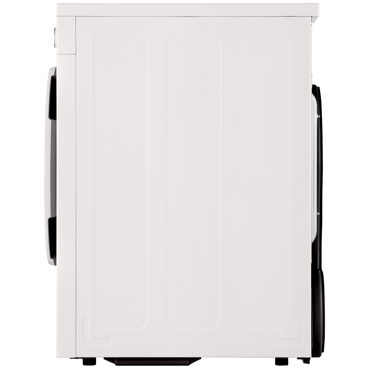 Machine à laver blanche de profil, avec porte et panneau de commande noirs.