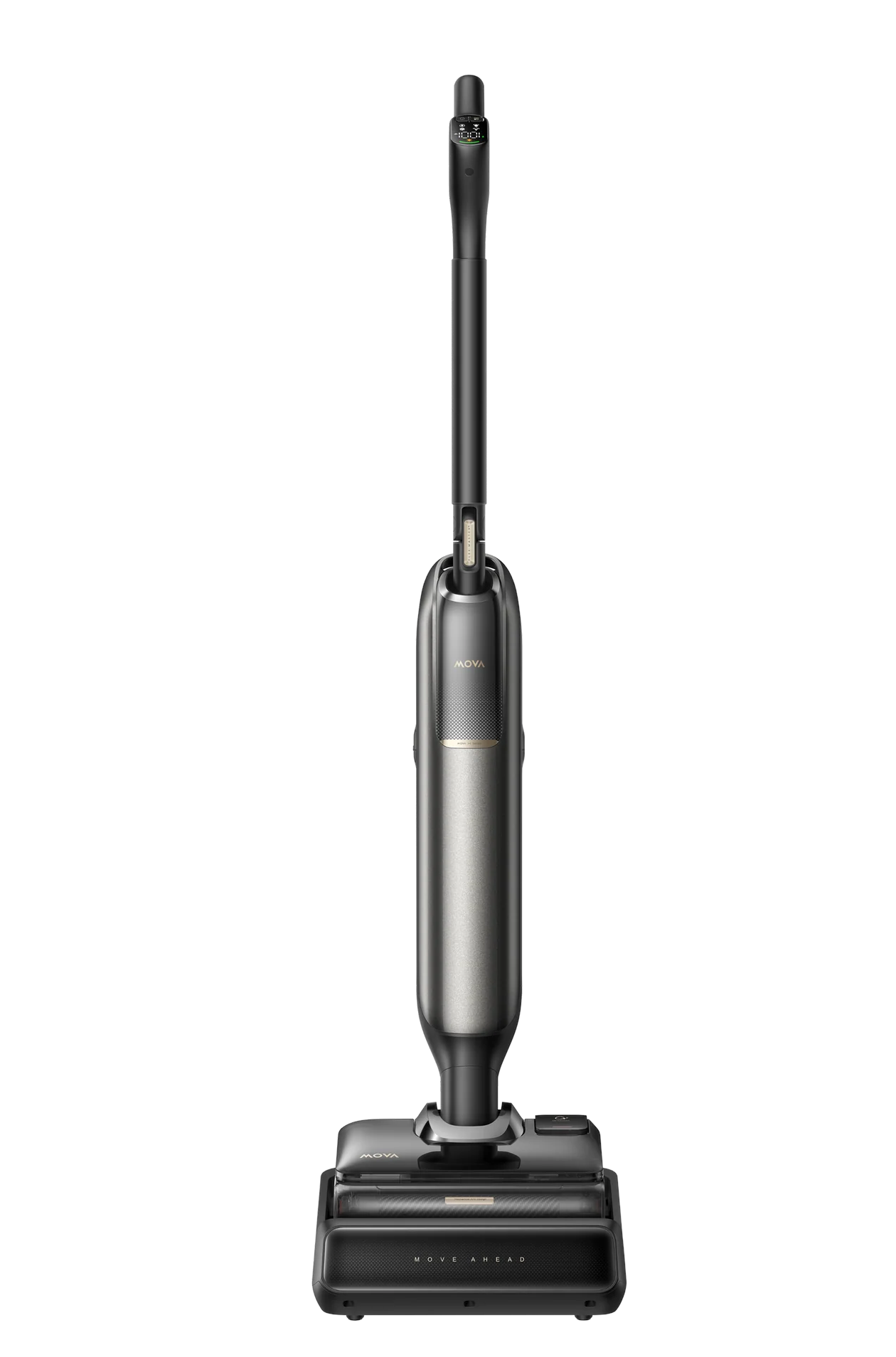 Nowoczesny, szary odkurzacz bezprzewodowy z czarnym uchwytem i wyświetlaczem.