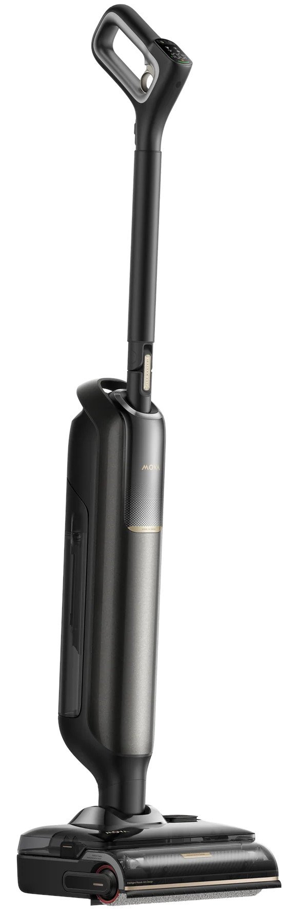 Nowoczesny, bezprzewodowy odkurzacz do pracy na mokro i sucho, grafitowy, z cyfrowym wyświetlaczem.