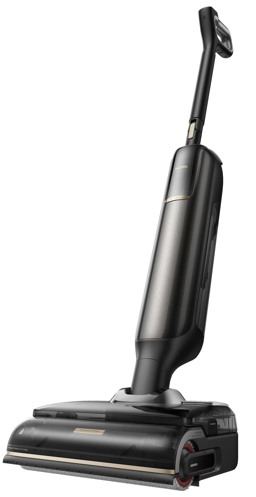 Ciemny, nowoczesny odkurzacz z szeroką szczotką i ergonomicznym uchwytem.