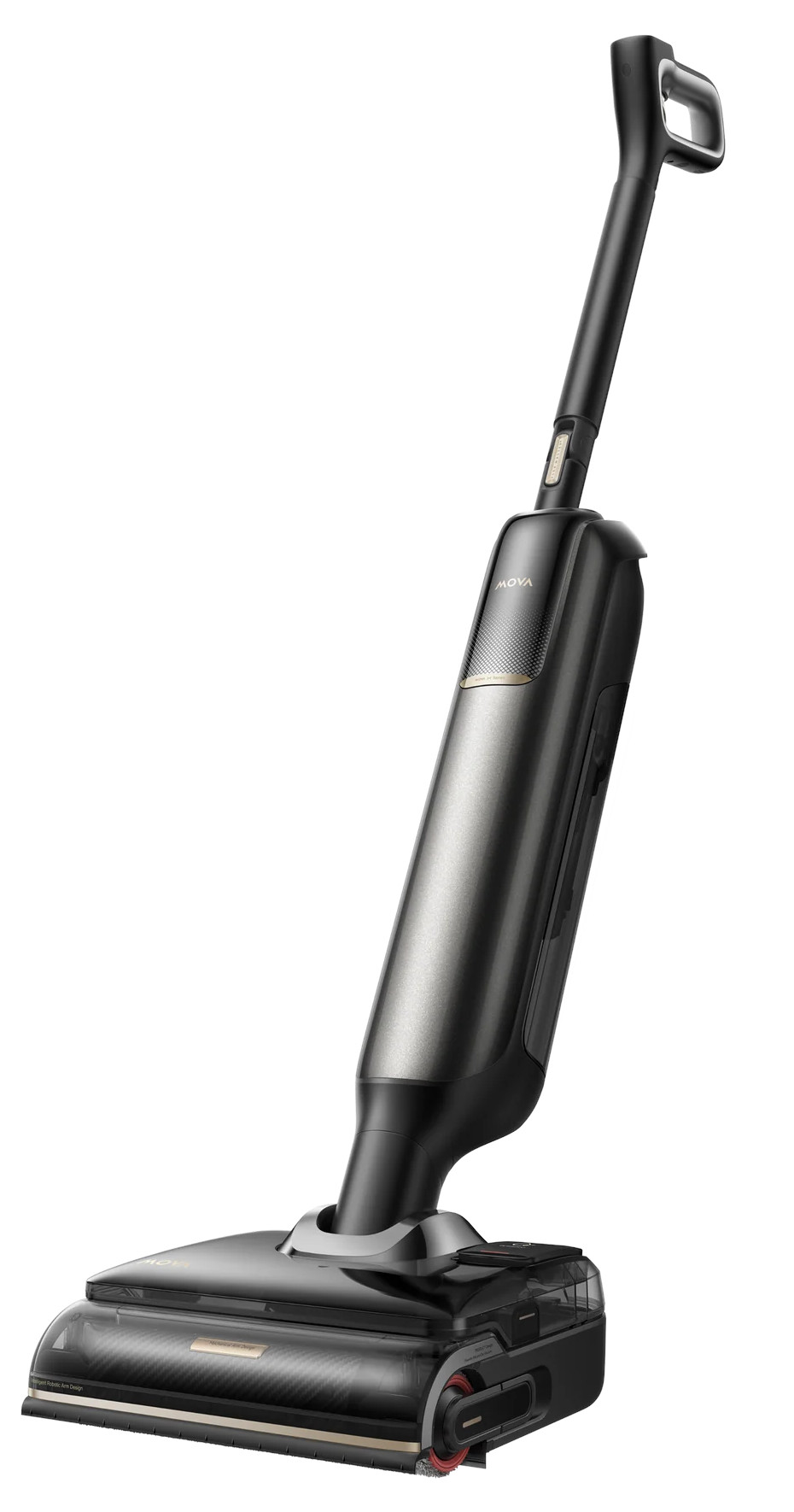 Elegancki, ciemnoszary odkurzacz do pracy na mokro/sucho z uchwytem u góry i długim trzonkiem.