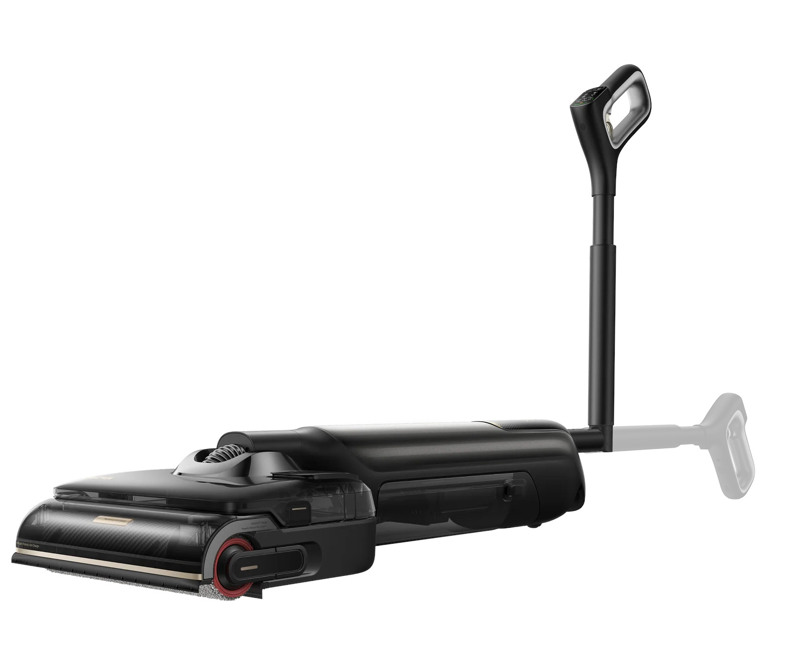 Czarny odkurzacz podłogowy z odpinanym uchwytem i rączką, na białym tle.