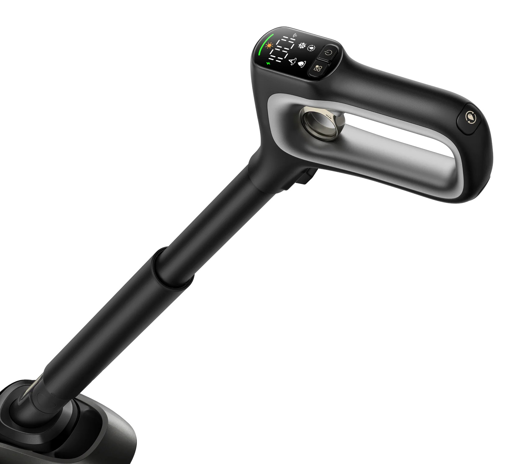 Czarna rączka odkurzacza z cyfrowym wyświetlaczem i srebrnym akcentem.