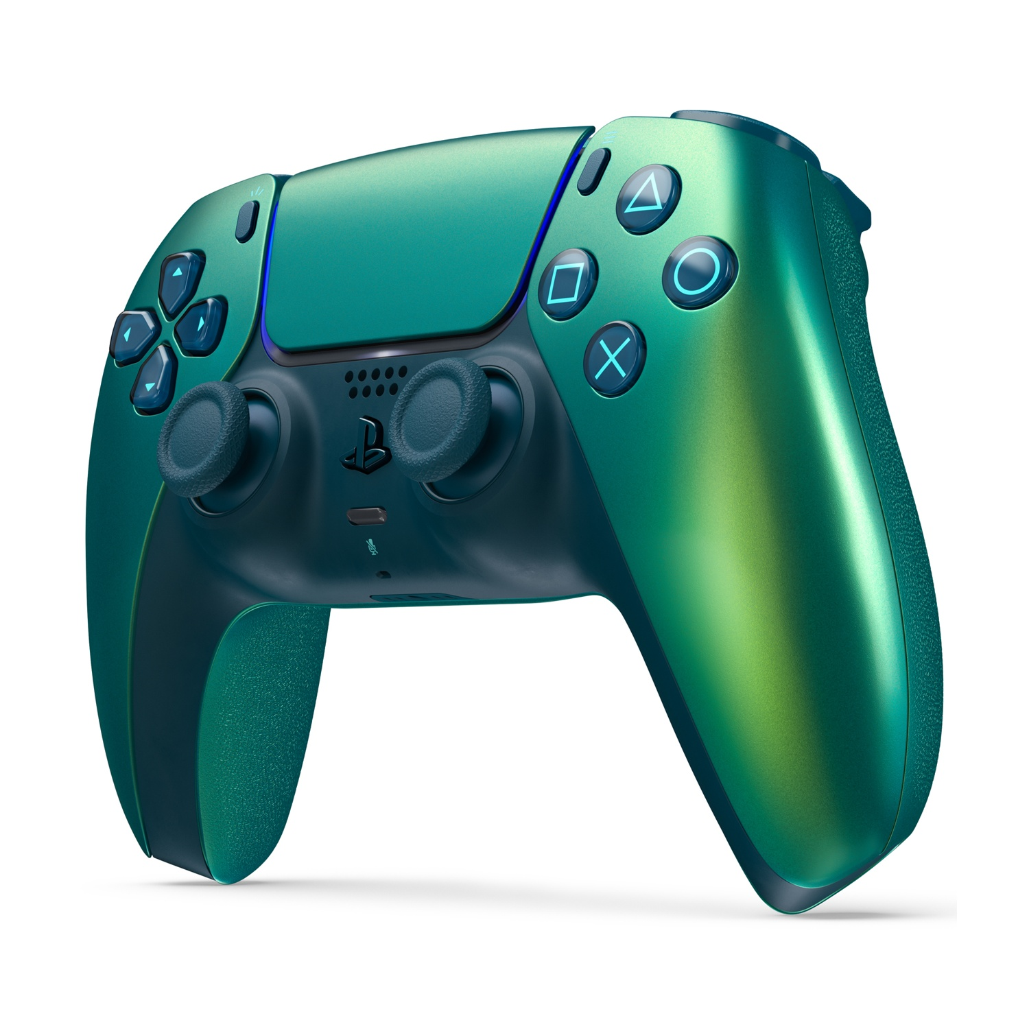 Un controller verde con simboli blu su sfondo bianco.