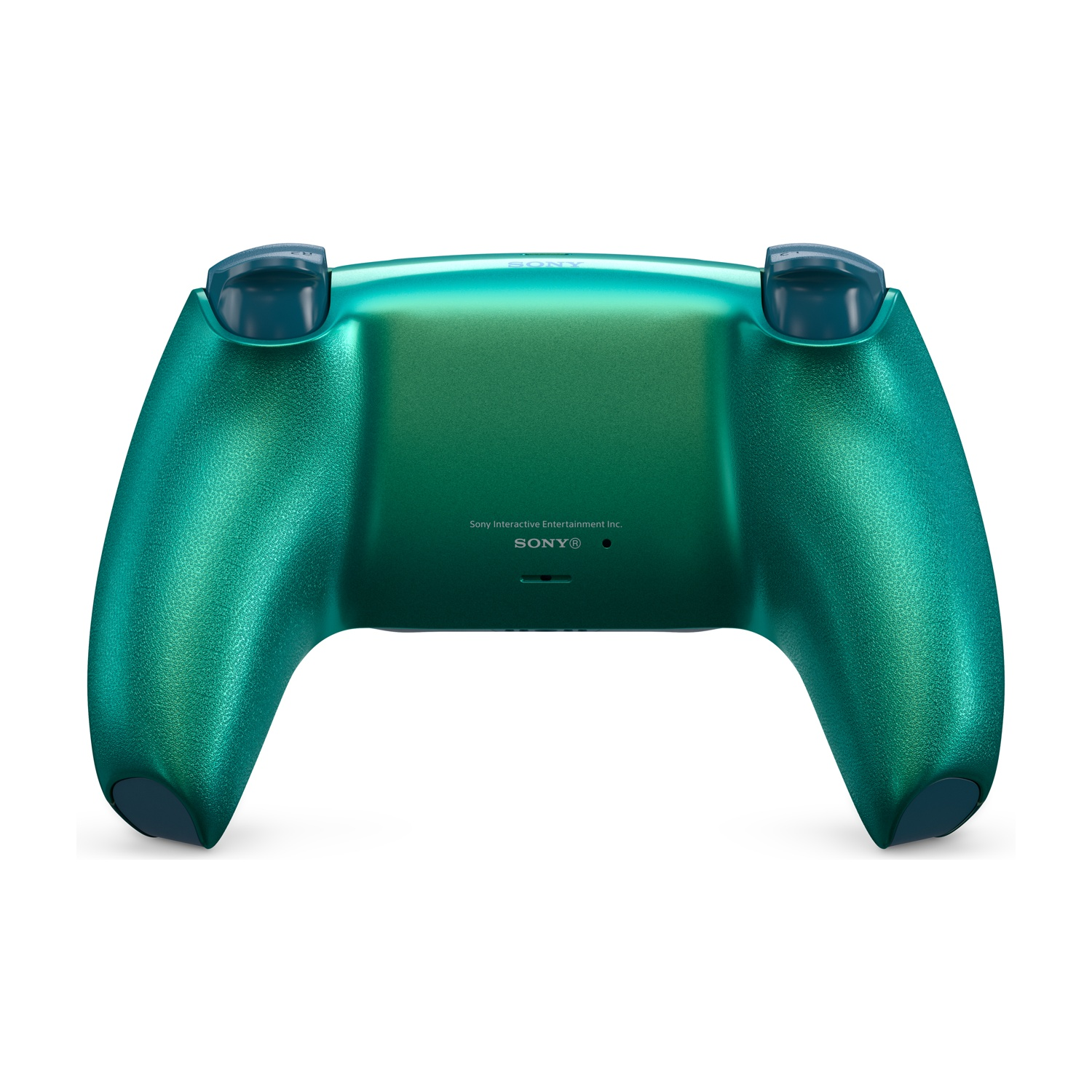 Controller verde Sony PlayStation, vista posteriore, con finitura metallica.