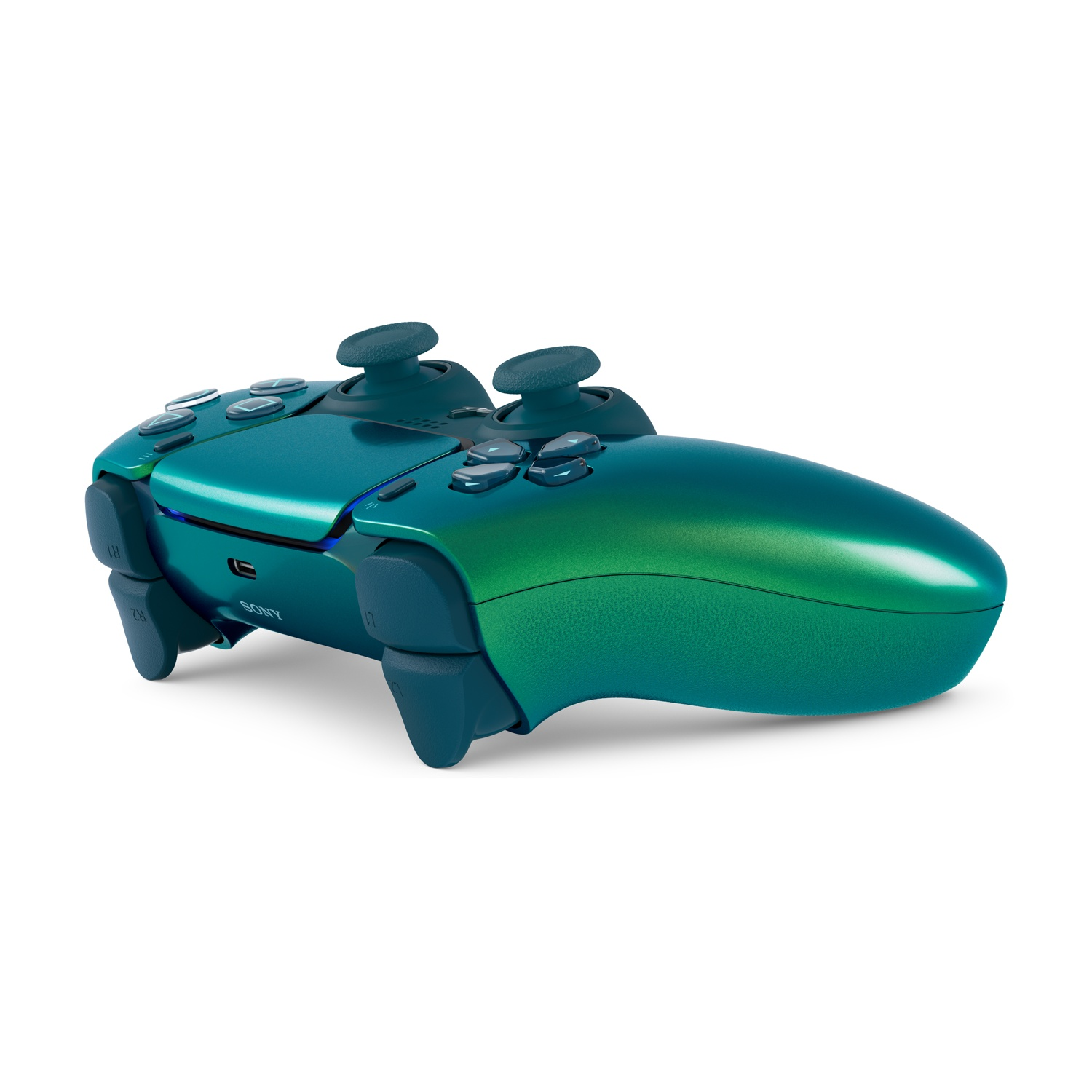 Un controller verde acqua con due joystick e pulsanti.