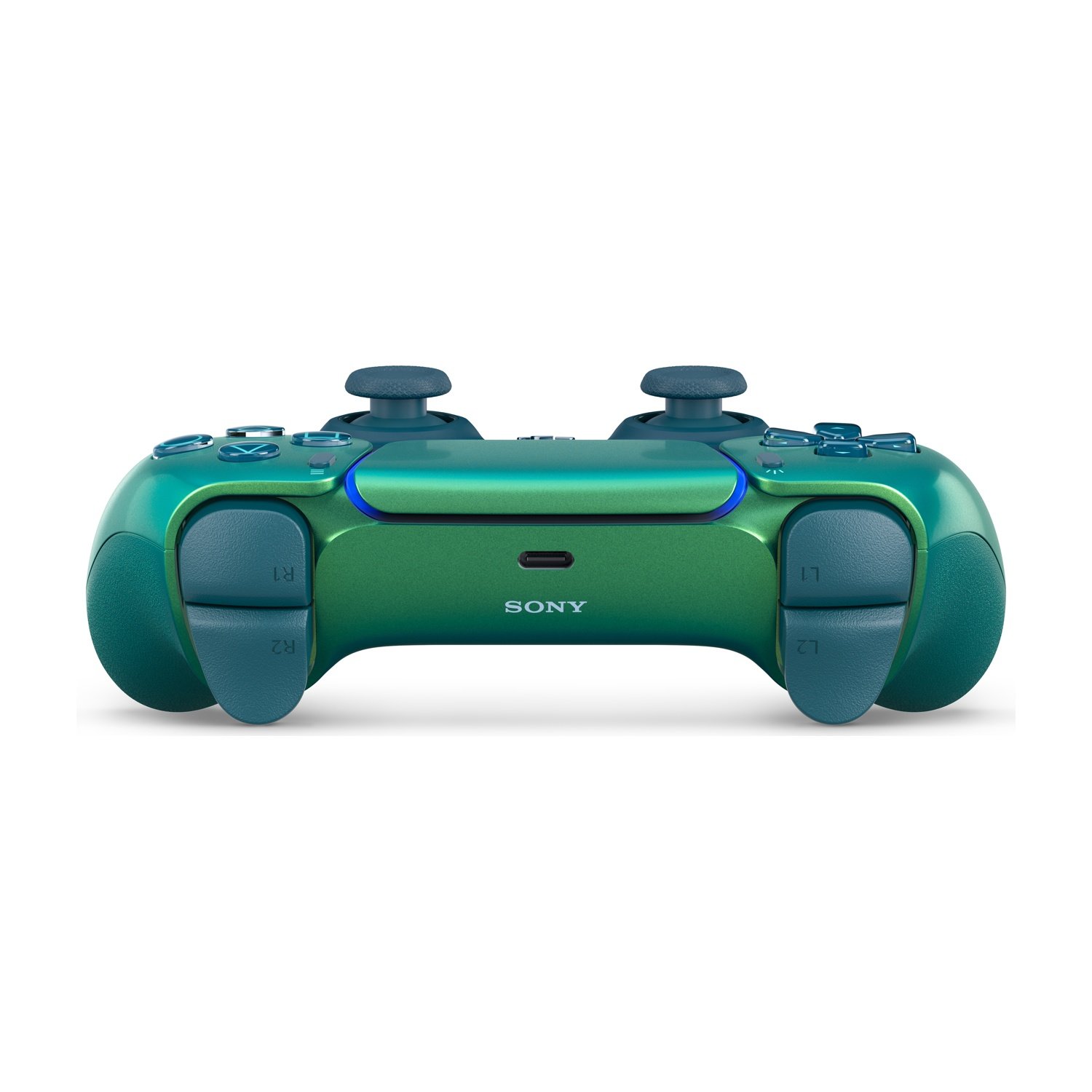 Un controller DualSense verde PlayStation 5 con accenti blu.