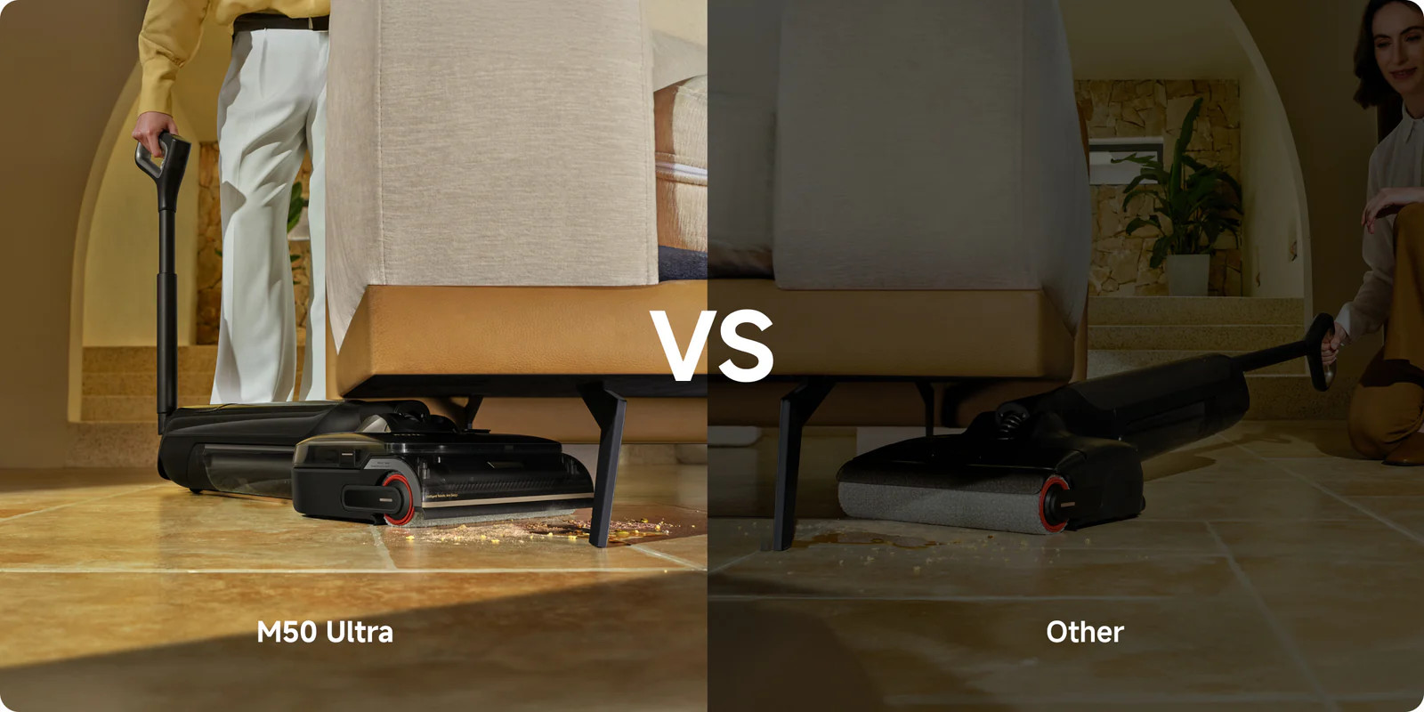 Dwa odkurzacze na podłodze wyłożonej płytkami, jeden z napisem M50 Ultra.
