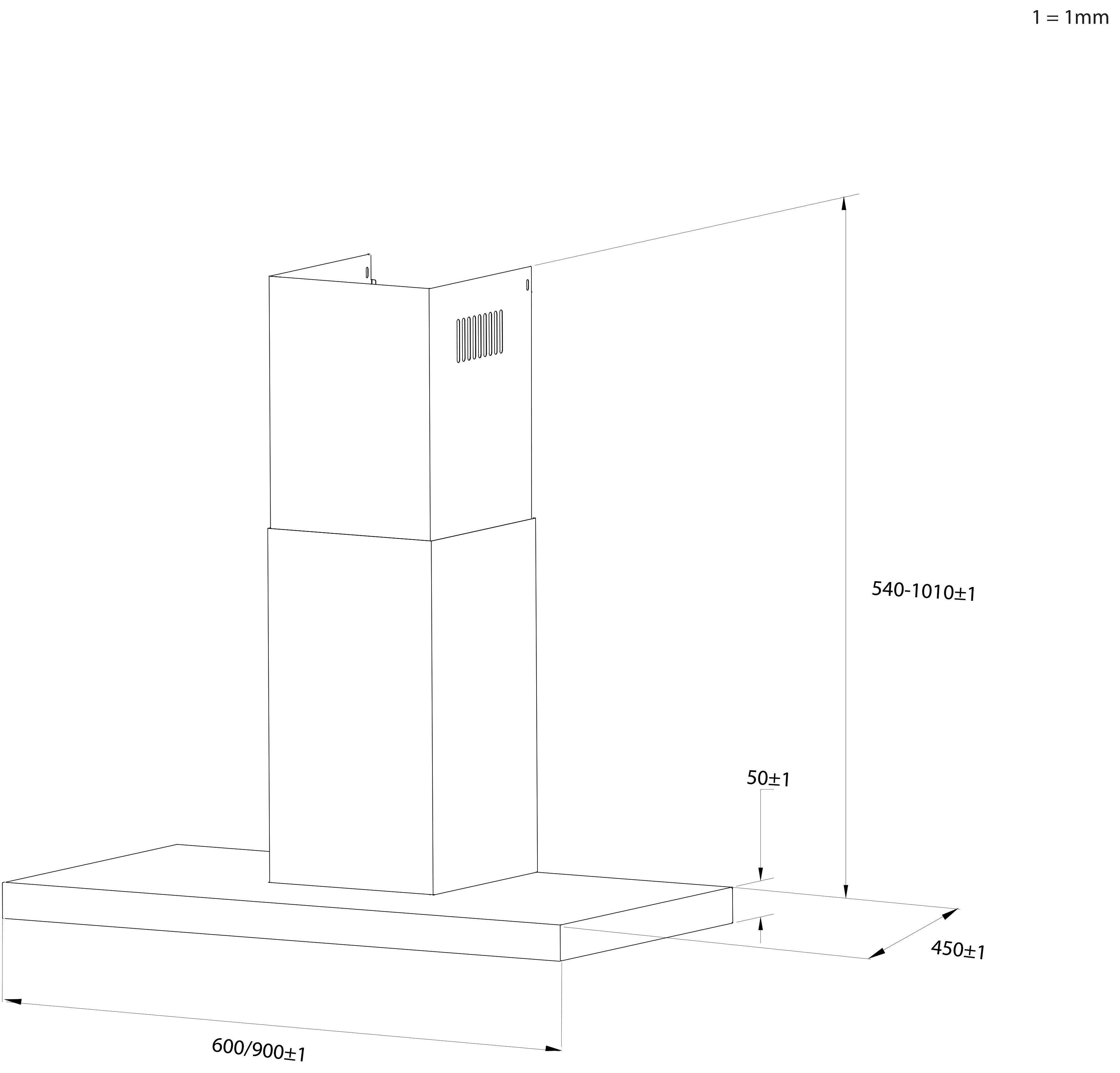 Dibujo técnico de una campana extractora con dimensiones.