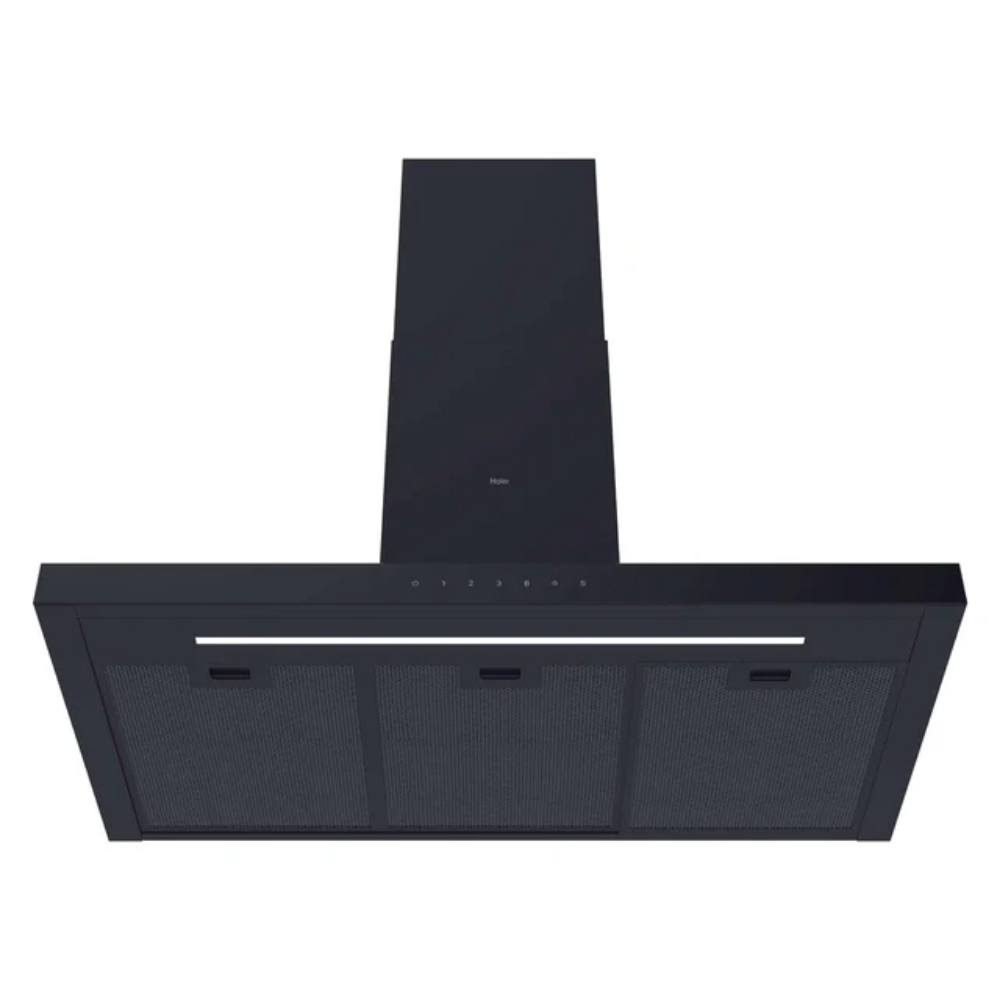 Campana extractora negra con panel de control plateado y luces.