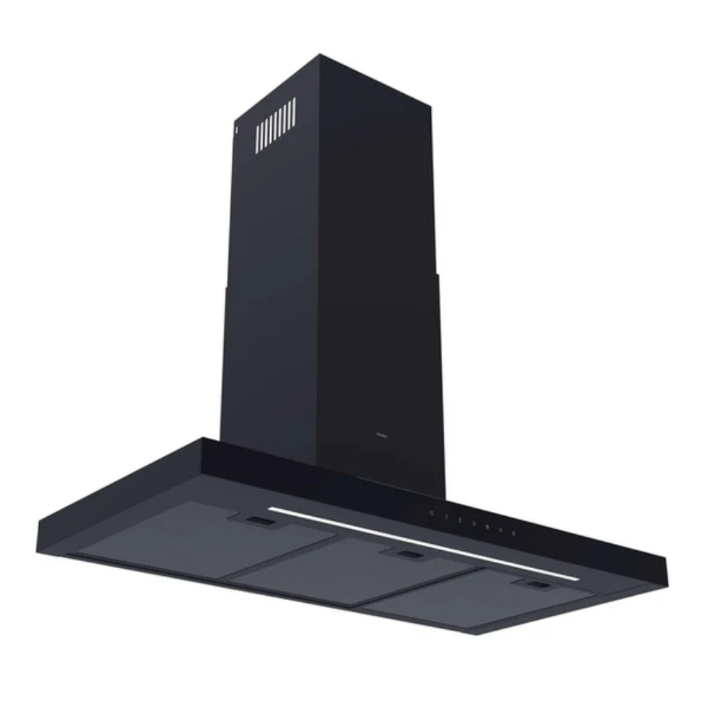 Campana extractora negra con chimenea rectangular e iluminación integrada.