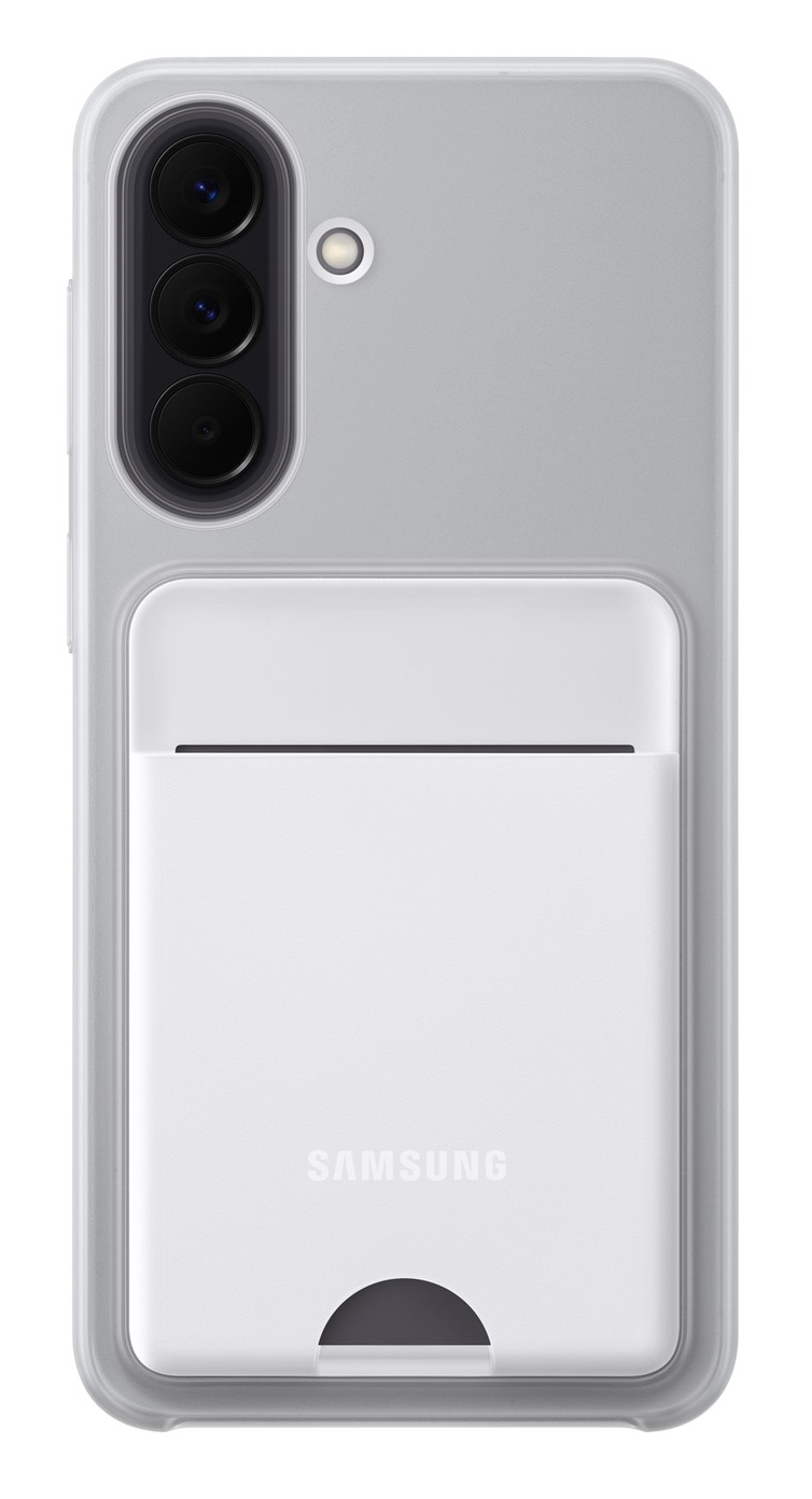 Biały telefon Samsung z aparatem i etui na karty.