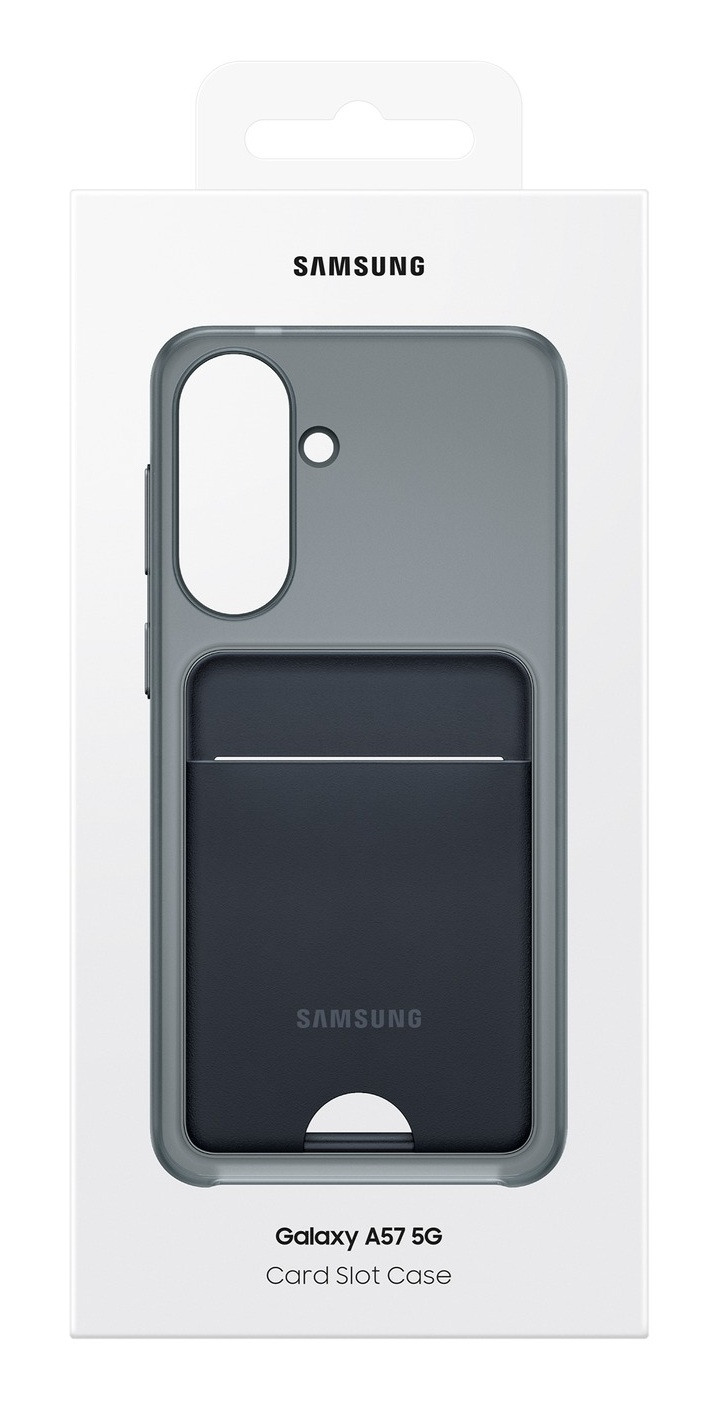 Szara obudowa Samsung Galaxy A57 5G z miejscem na karty na białym opakowaniu.