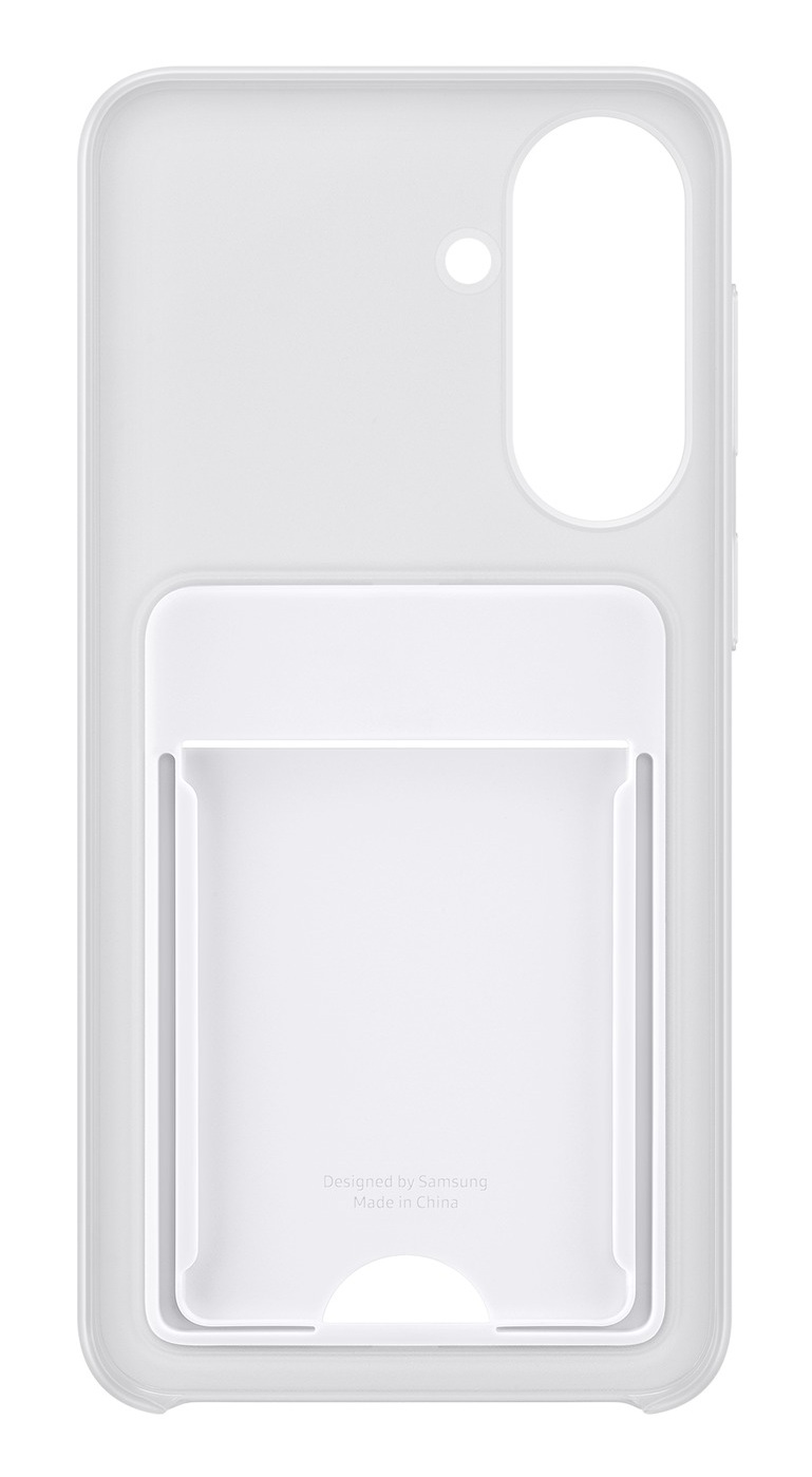 Białe etui na telefon z miejscem na karty z tyłu.