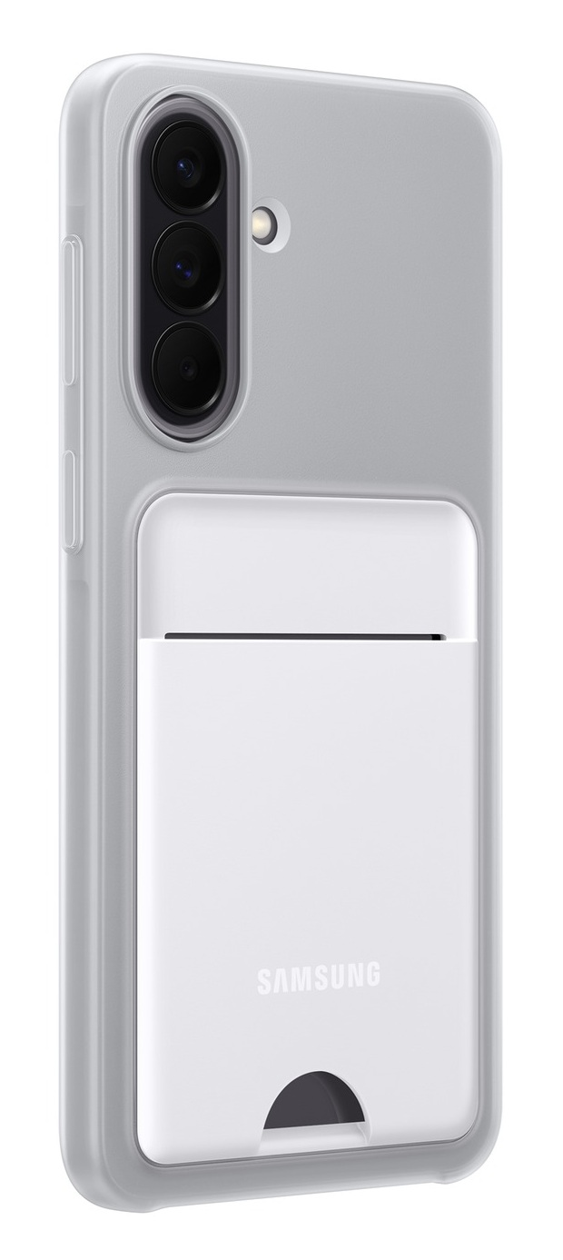 Szara obudowa na telefon z białym miejscem na karty i logo Samsung.