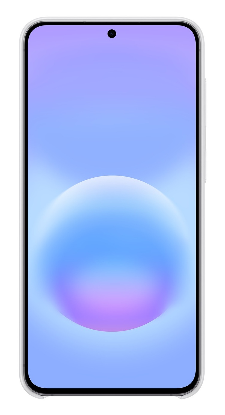 Smartfon z białą ramką i niebiesko-fioletowym gradientem na ekranie.