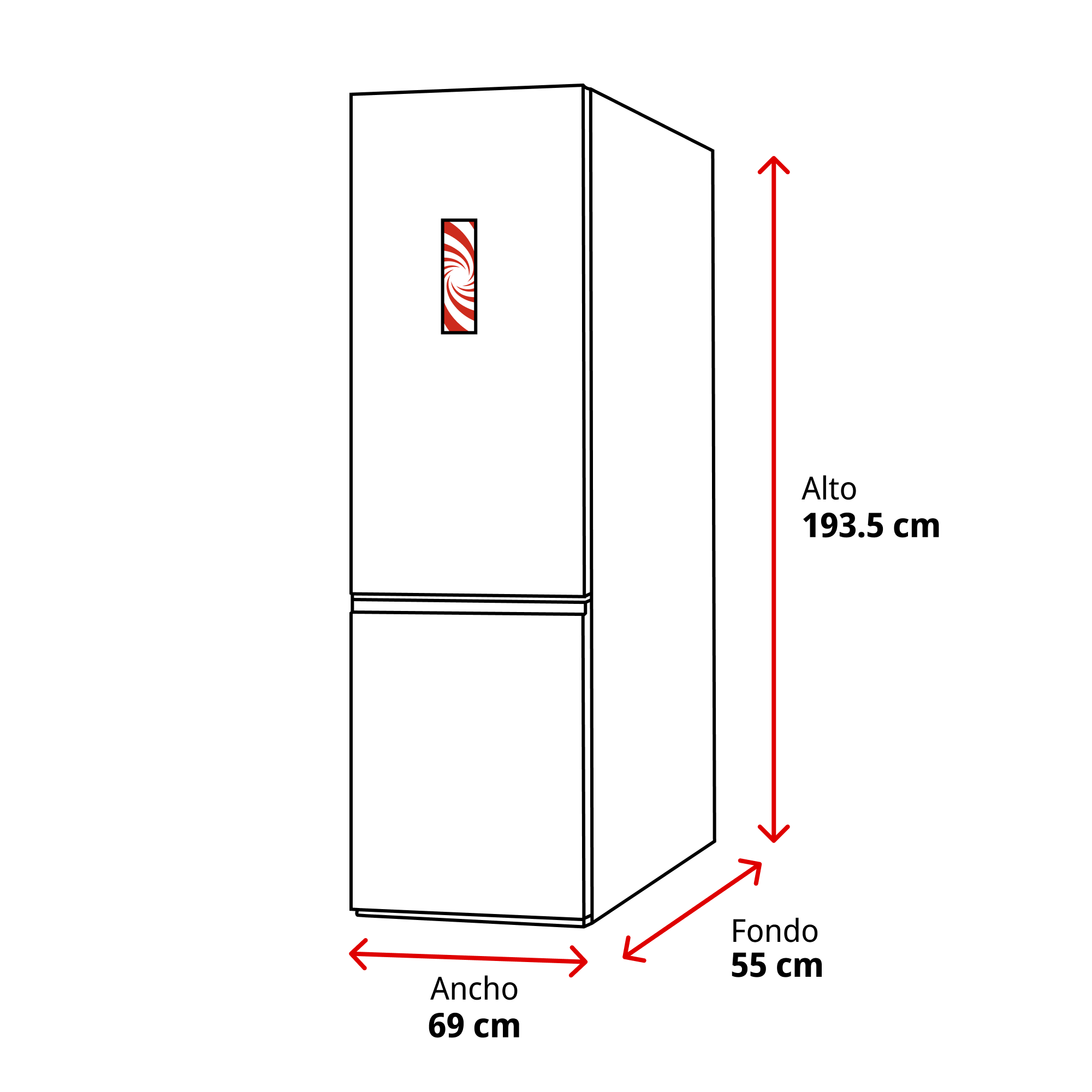 Refrigerador con dimensiones: alto 193.5 cm, ancho 69 cm, fondo 55 cm.