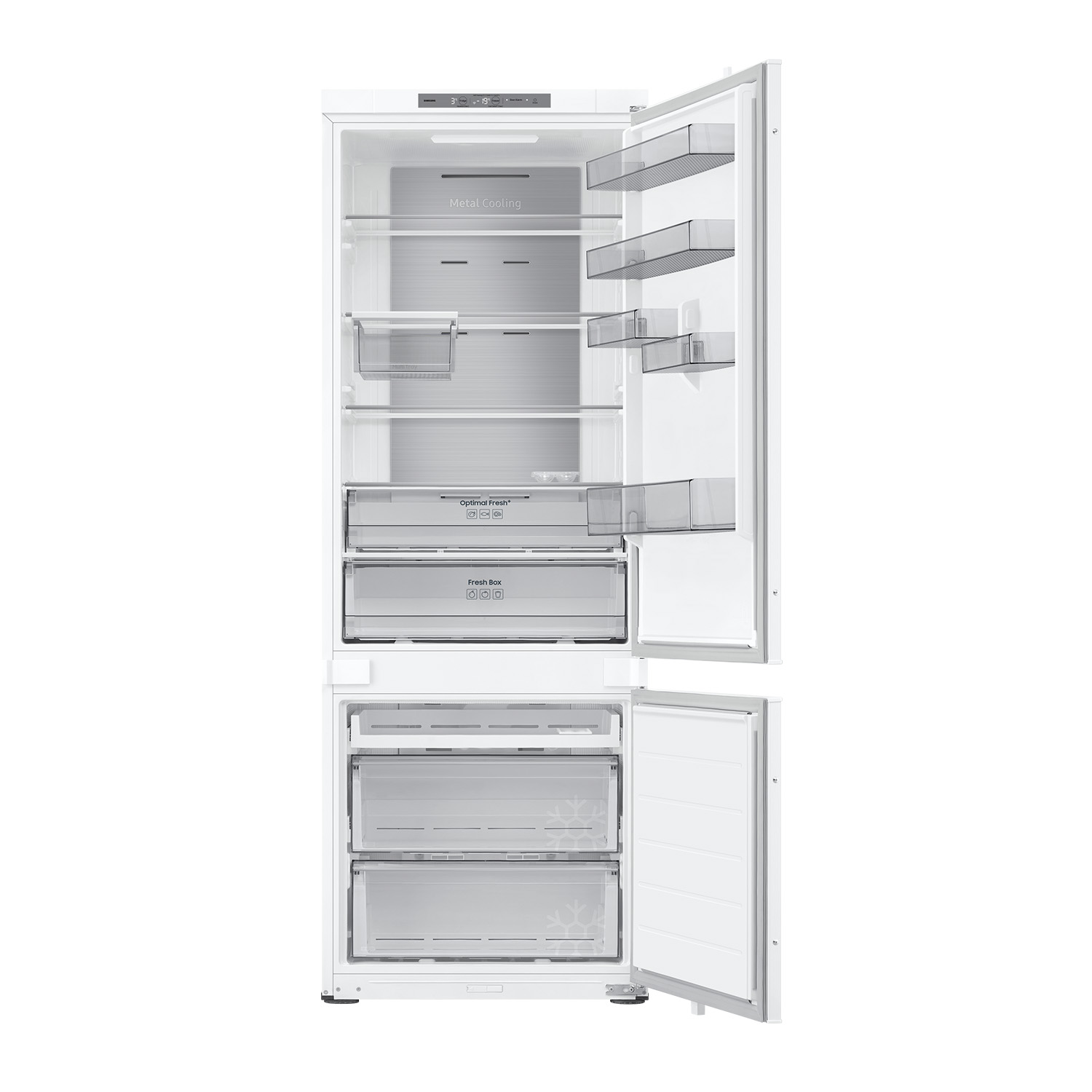 Un refrigerador blanco con puertas abiertas, mostrando estantes y cajones vacíos.