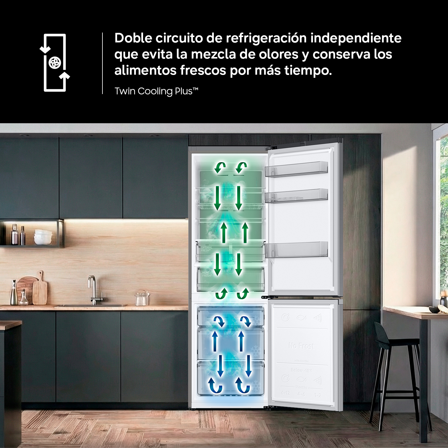 Doble circuito de refrigeración independiente que evita la mezcla de olores y conserva los alimentos frescos por más tiempo. Twin Cooling Plus™
