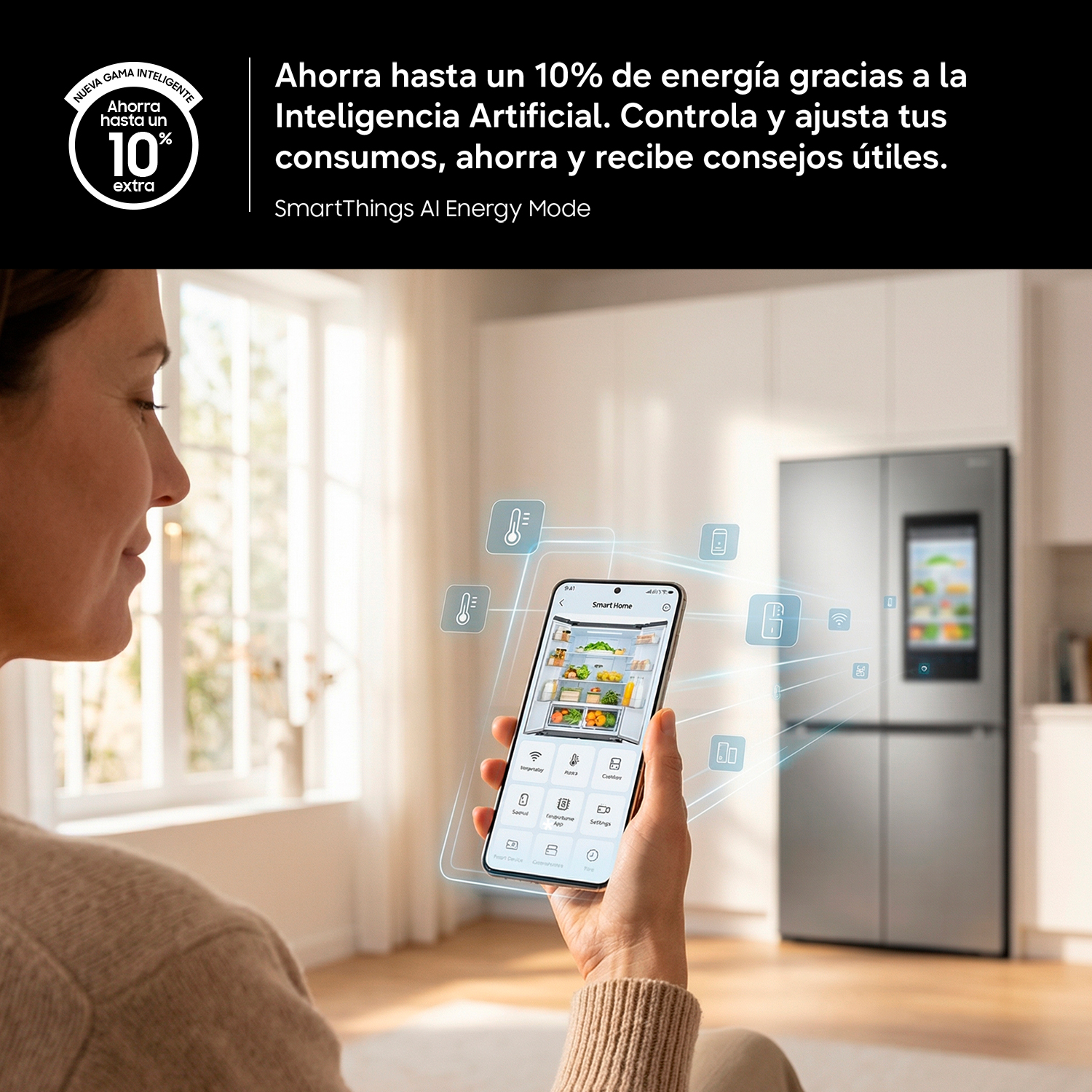 Mujer usa app para controlar refrigerador. Un refrigerador con pantalla táctil está atrás.