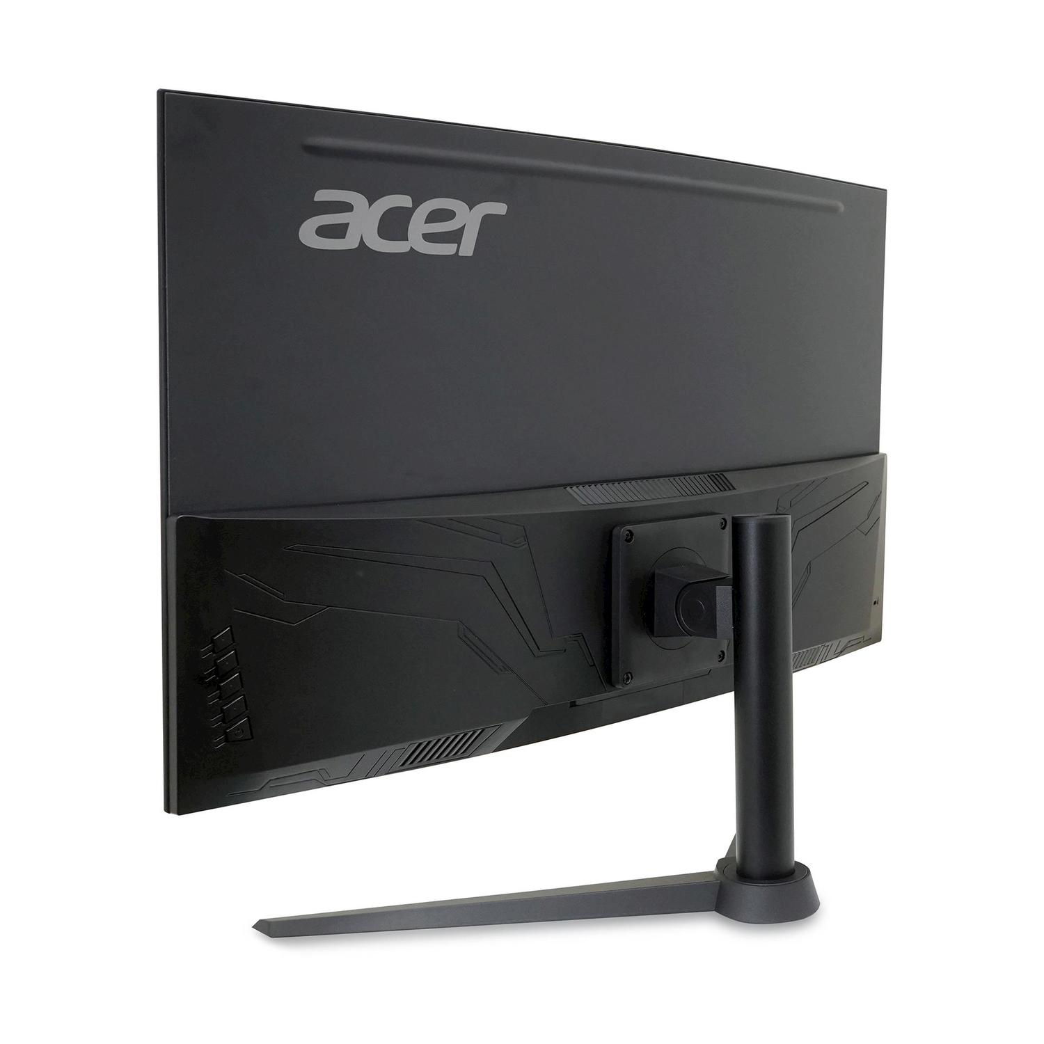 Vista posteriore di un monitor Acer nero con supporto a V su sfondo bianco.