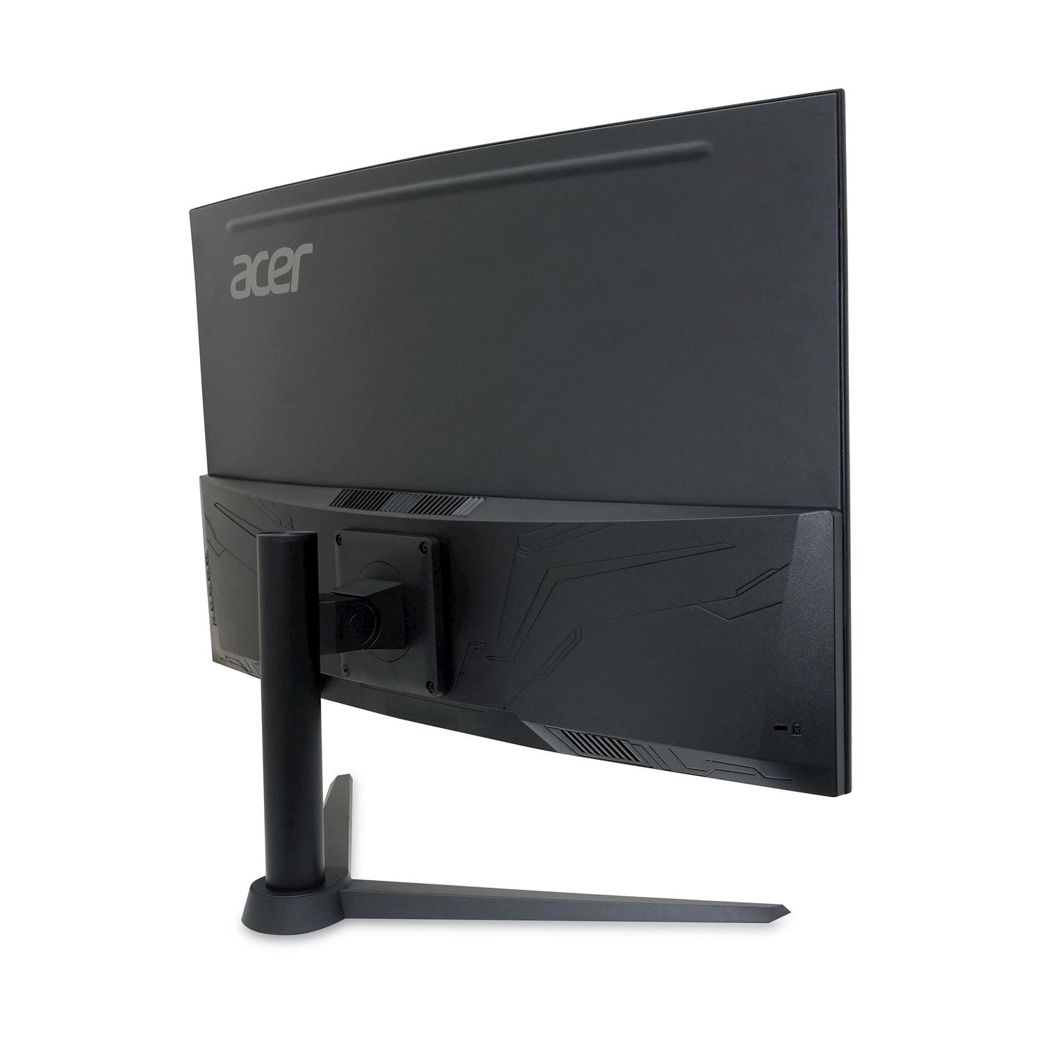 Vista posteriore di un monitor Acer nero su supporto su sfondo bianco.