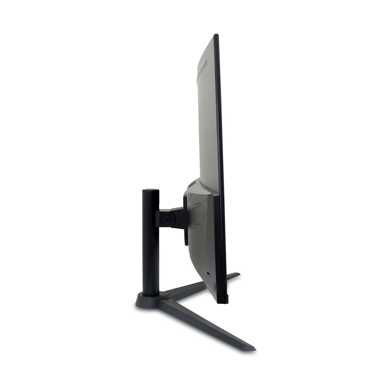 Un monitor di computer grigio con supporto nero, visto di lato.