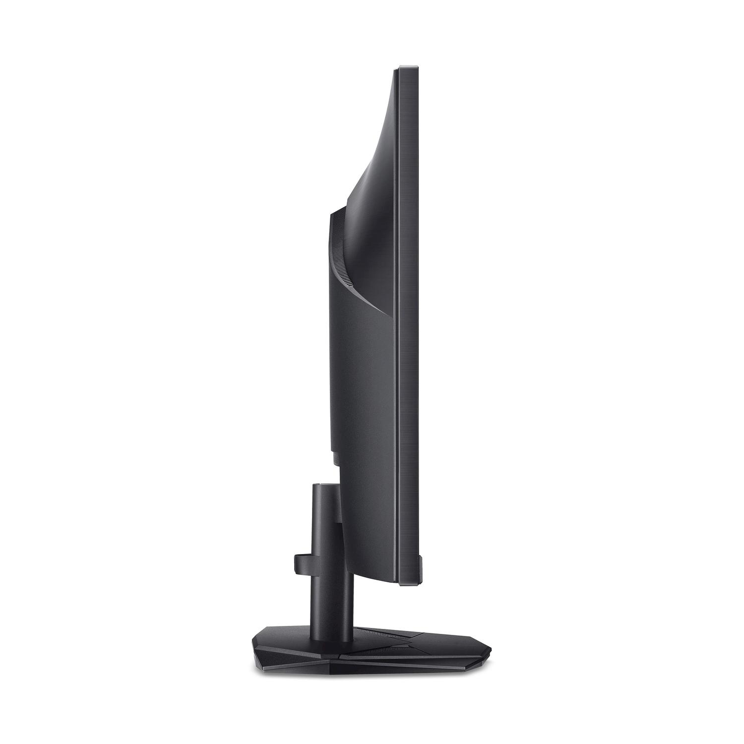 Vista laterale di un monitor di computer nero con supporto su sfondo bianco.