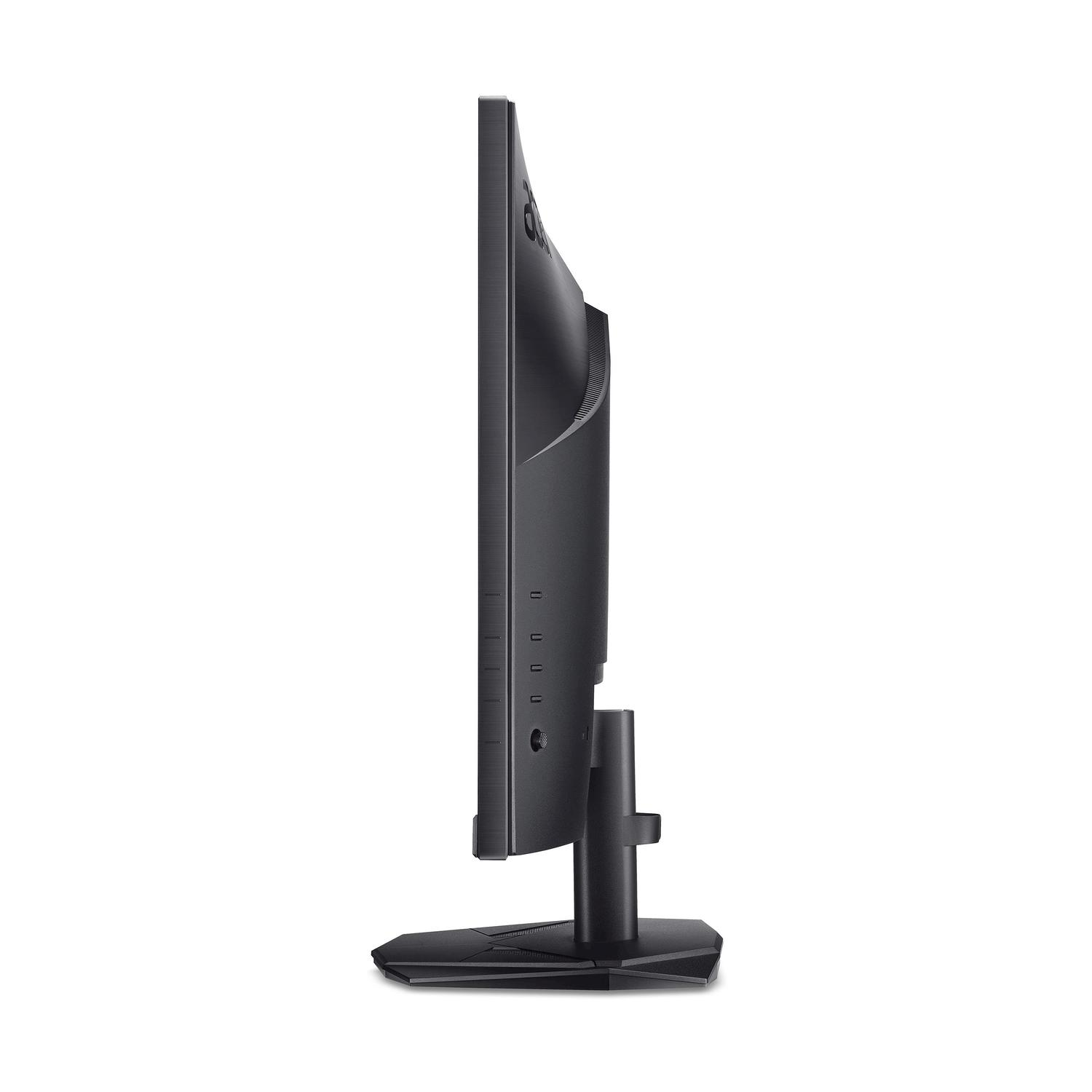 Vista laterale di un monitor di computer nero su un supporto su sfondo bianco.