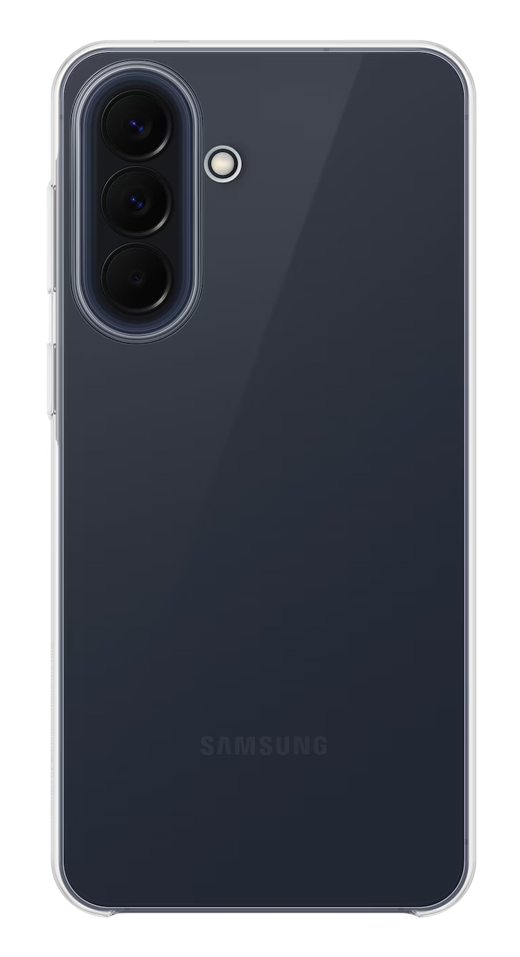 Ciemnoszary smartfon z trzema aparatami i lampą błyskową w przezroczystym etui.