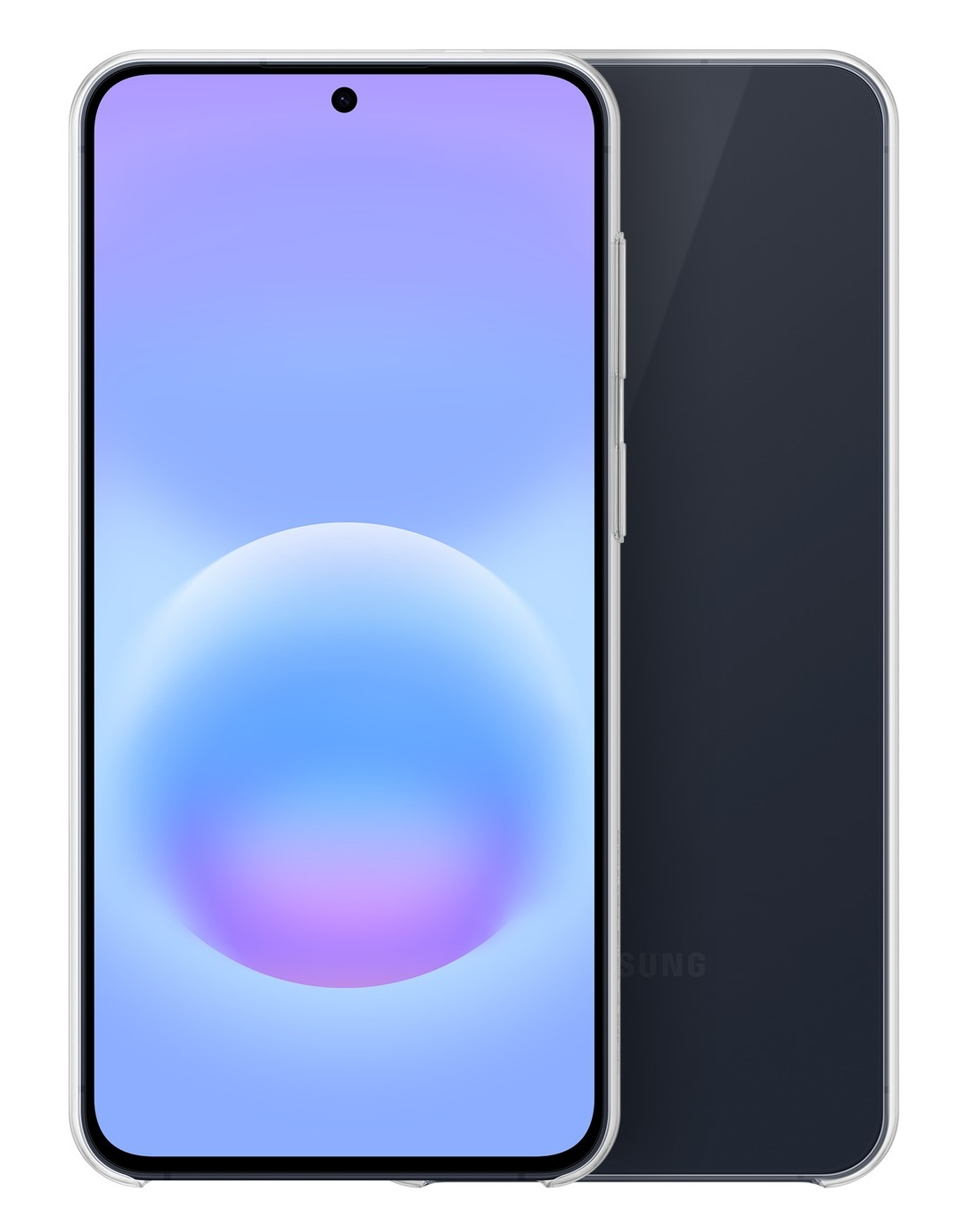 Smartfon w przezroczystym etui, wyświetlający tapetę z gradientem niebiesko-fioletowym.