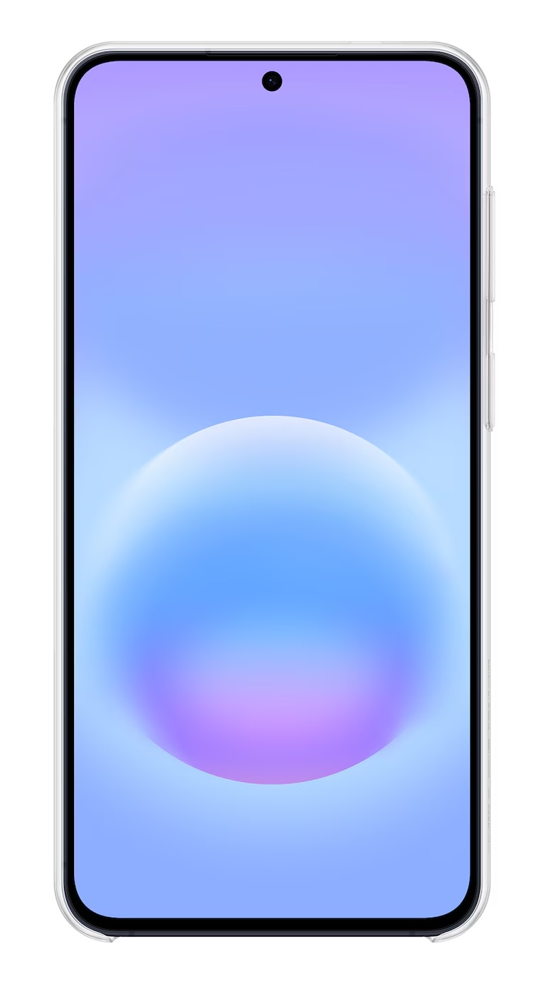 Smartfon z szarą ramką i niebiesko-fioletową tapetą.