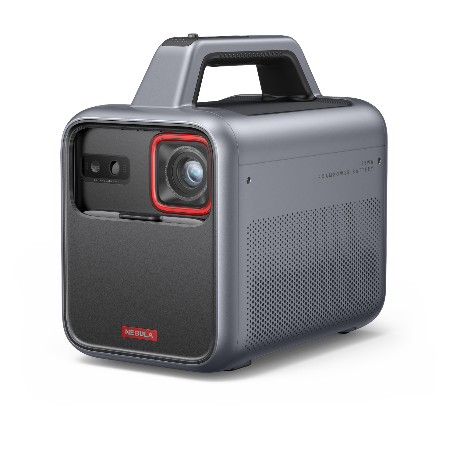 Gray portable projector with red ring around lens and black front panel.