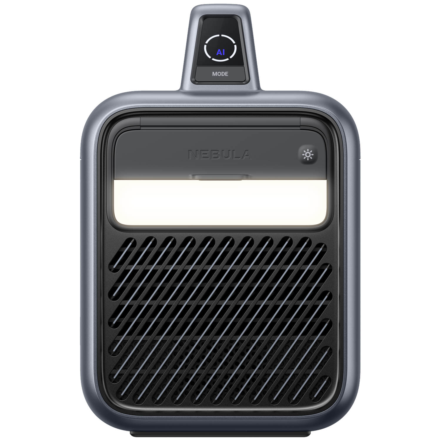 Gray projector with black grille and light bar.
