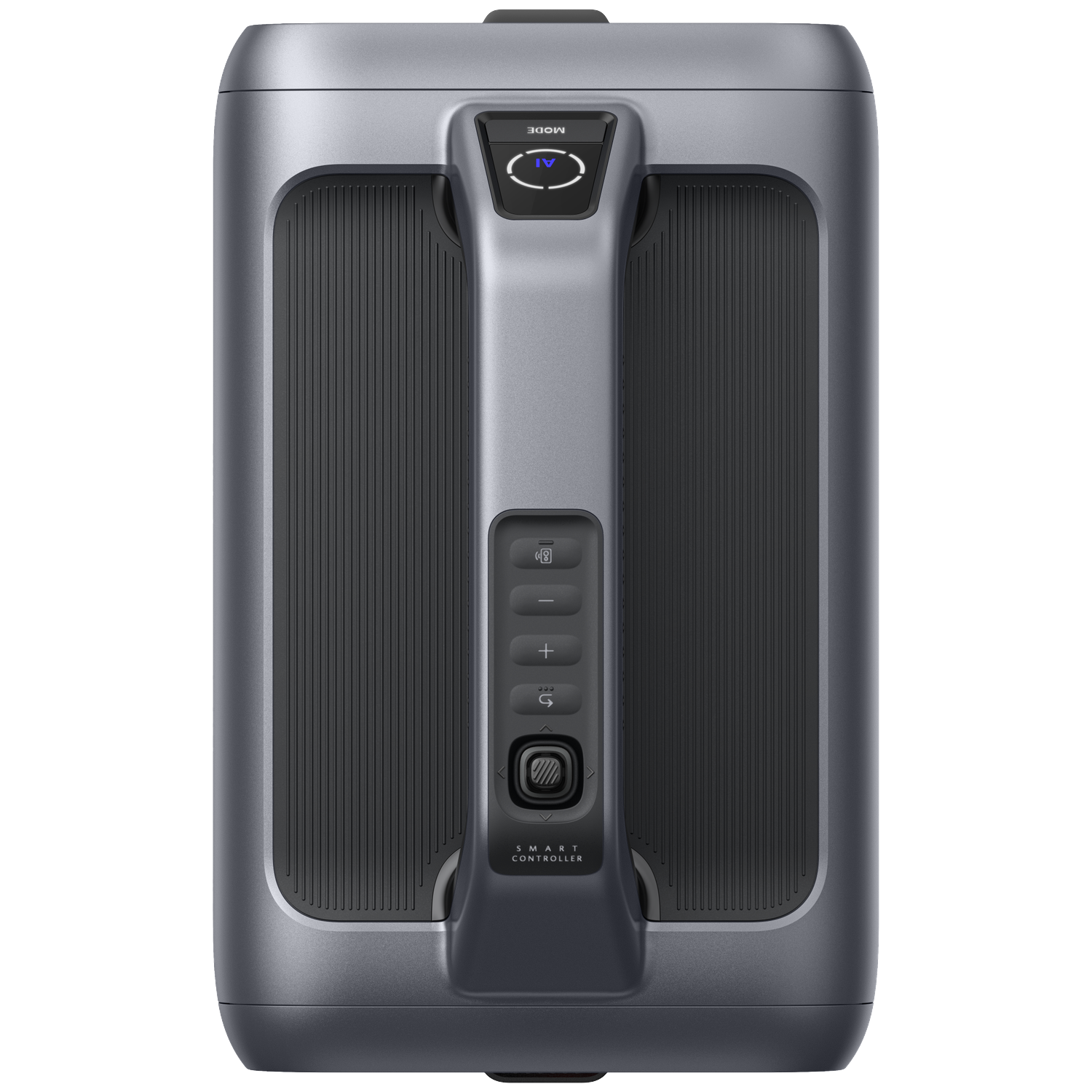 Gray box with handle, buttons, and ribbed surfaces. Black background.