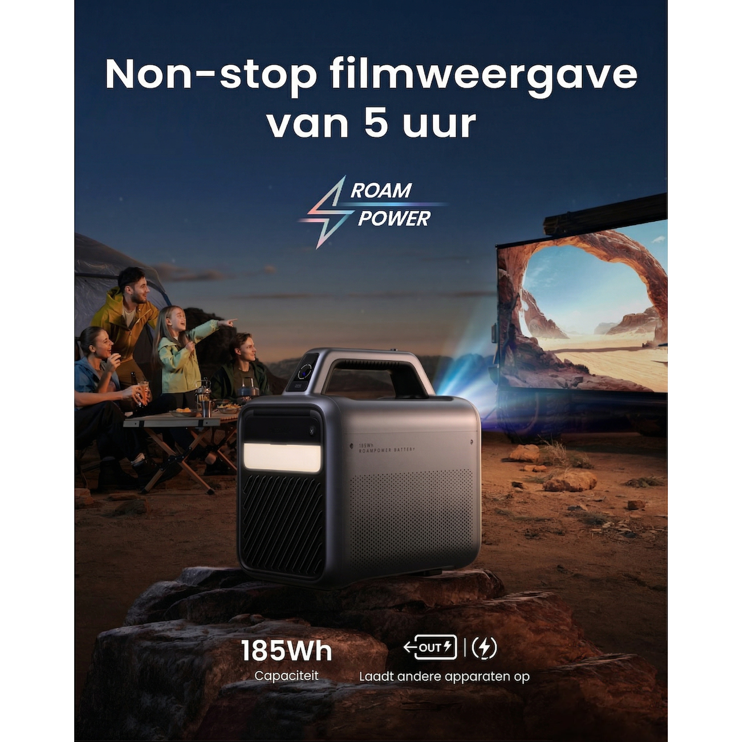 A family watches an outdoor movie at night, projected from a power bank.