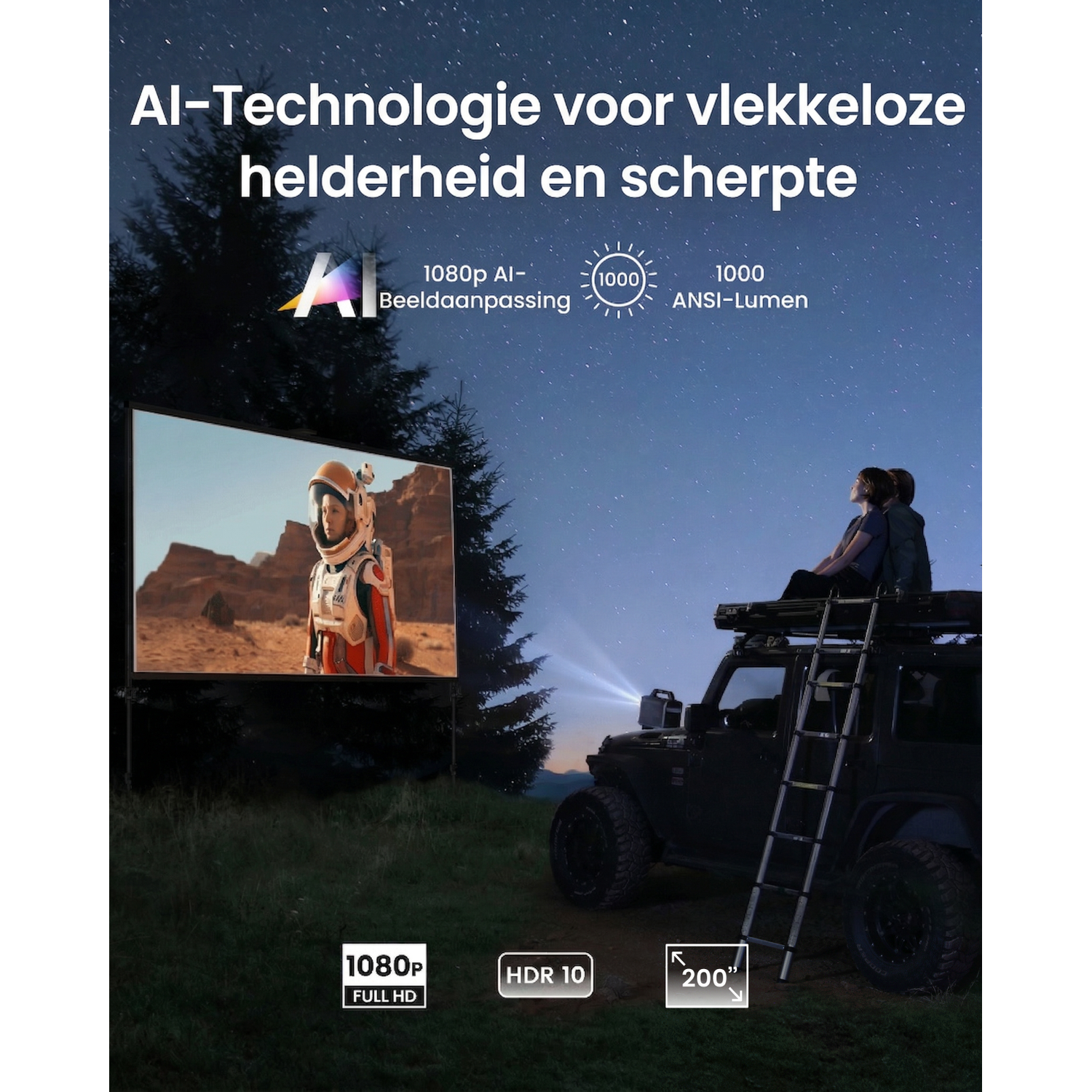 A projector displays an image of an astronaut on an outdoor screen. A car is parked nearby.