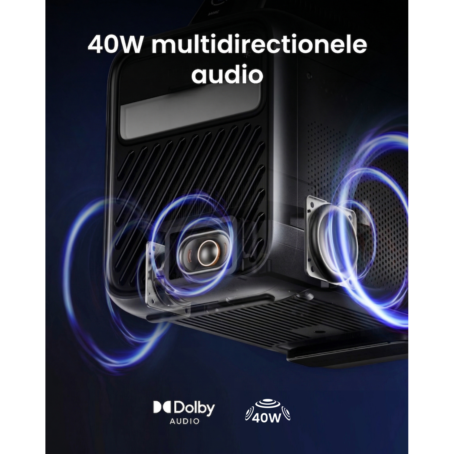 Close-up of a projector featuring 40W multidirectional audio and Dolby Audio logo.