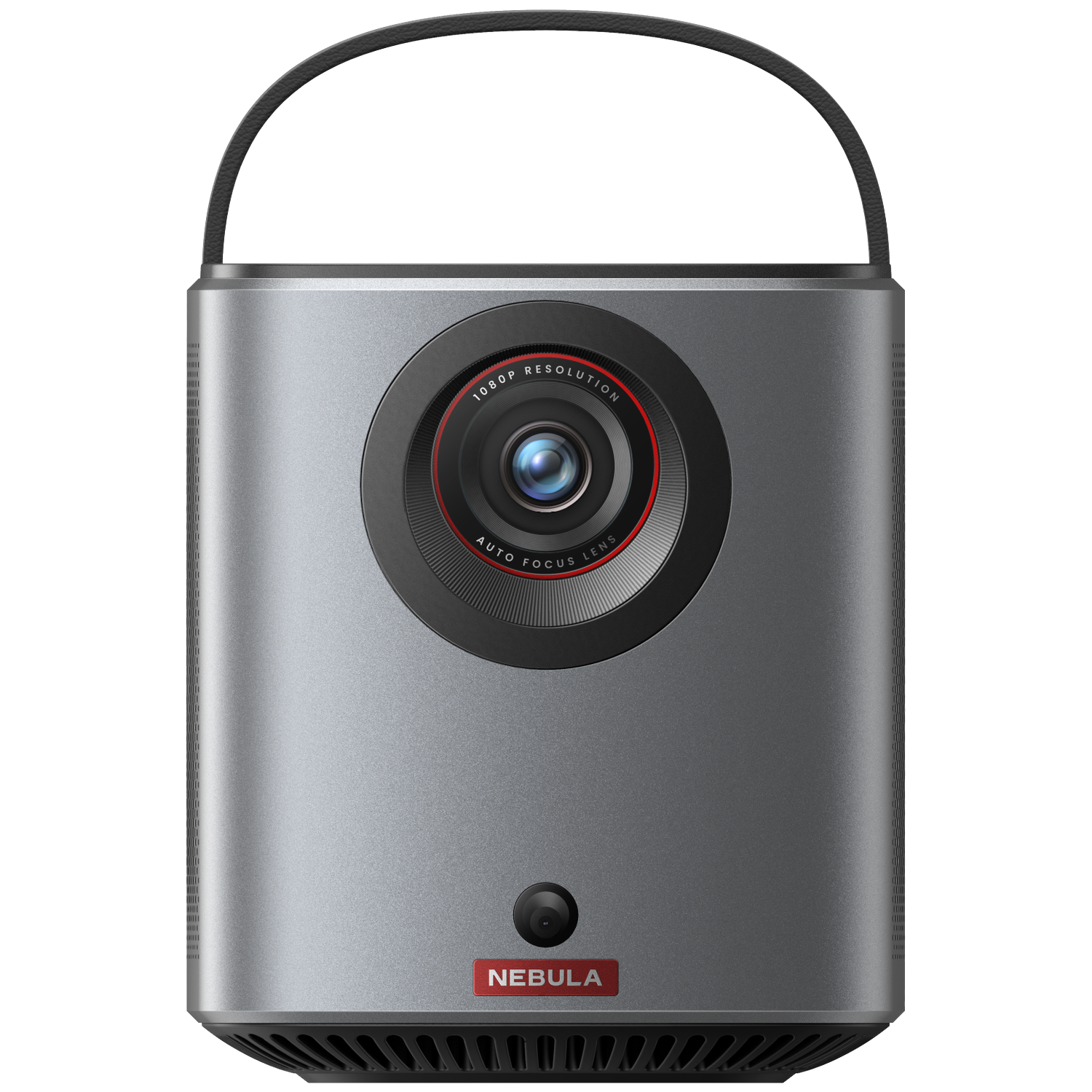 Gray projector with black handle and red ring around the lens. Nebula logo at bottom.