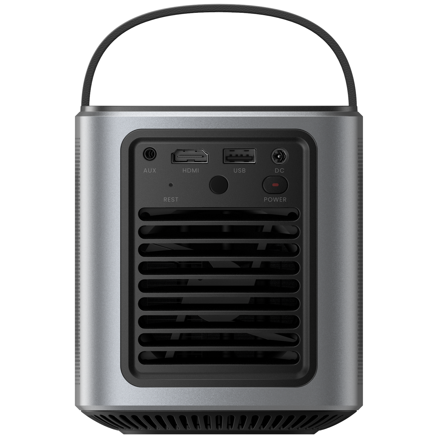 Back of a silver projector with vents, ports, and a handle. Black background.