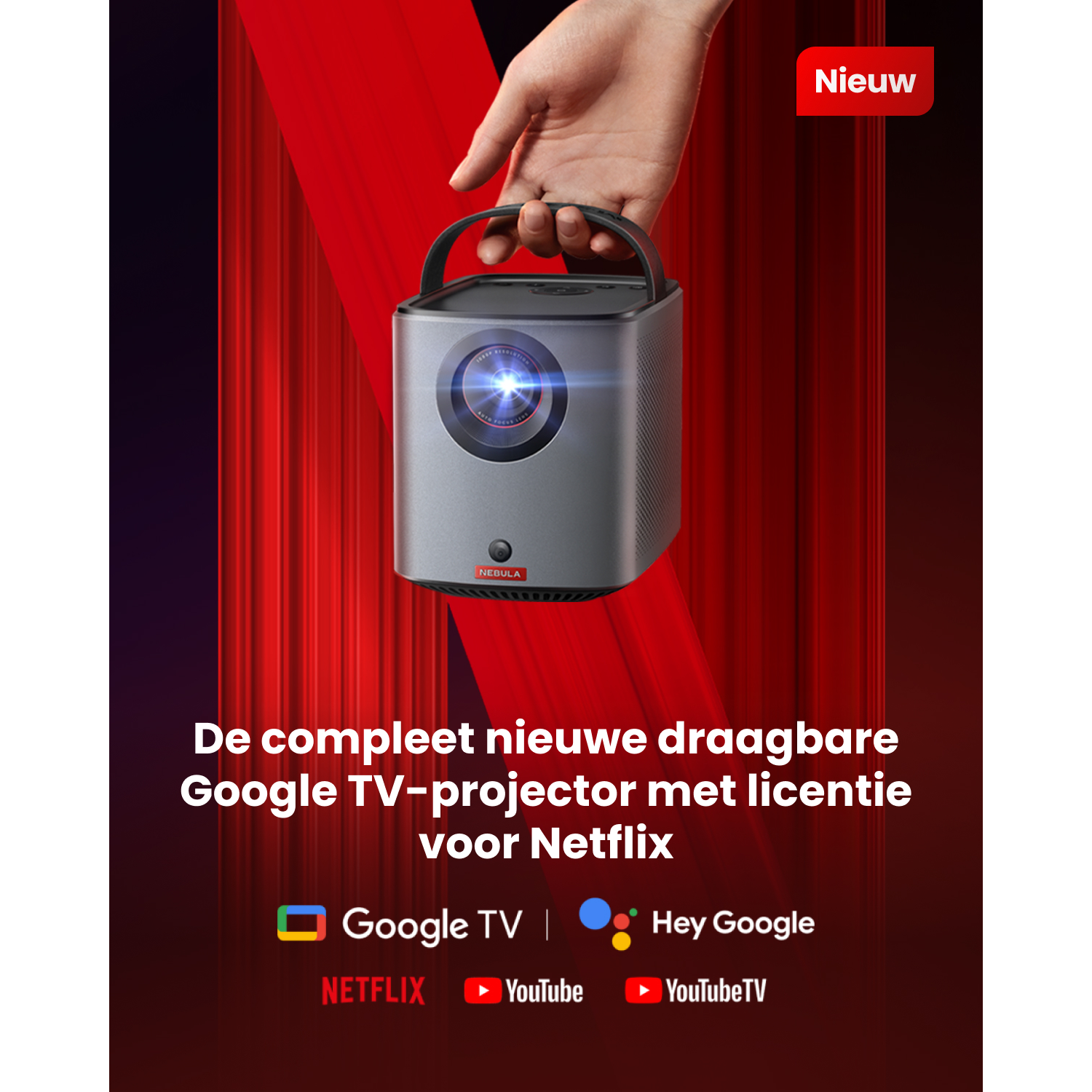 A hand holds a grey projector against a red curtain. Text promotes Google TV with Netflix.