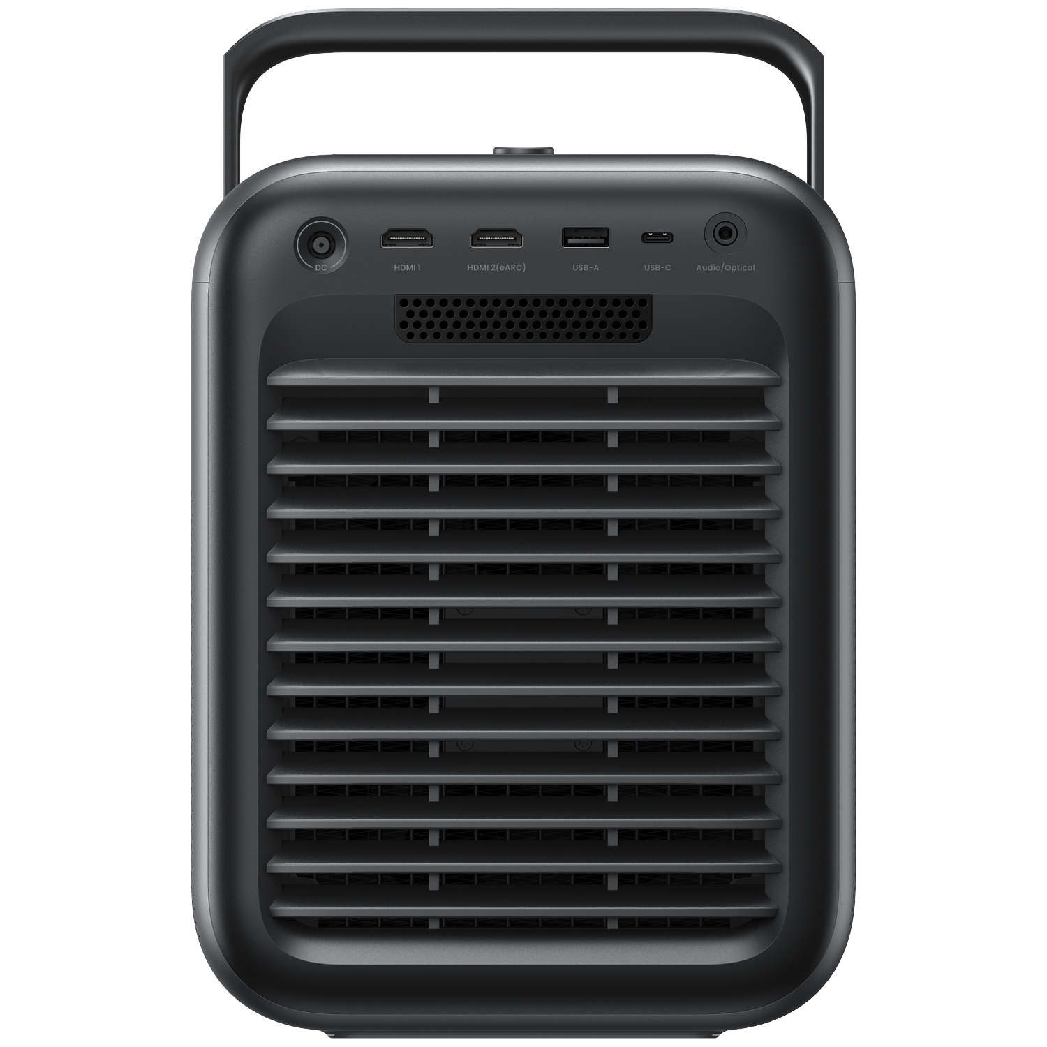 Back of a black projector showing ports: DC, HDMI 1, HDMI 2, USB-A, USB-C, Audio/Optical.