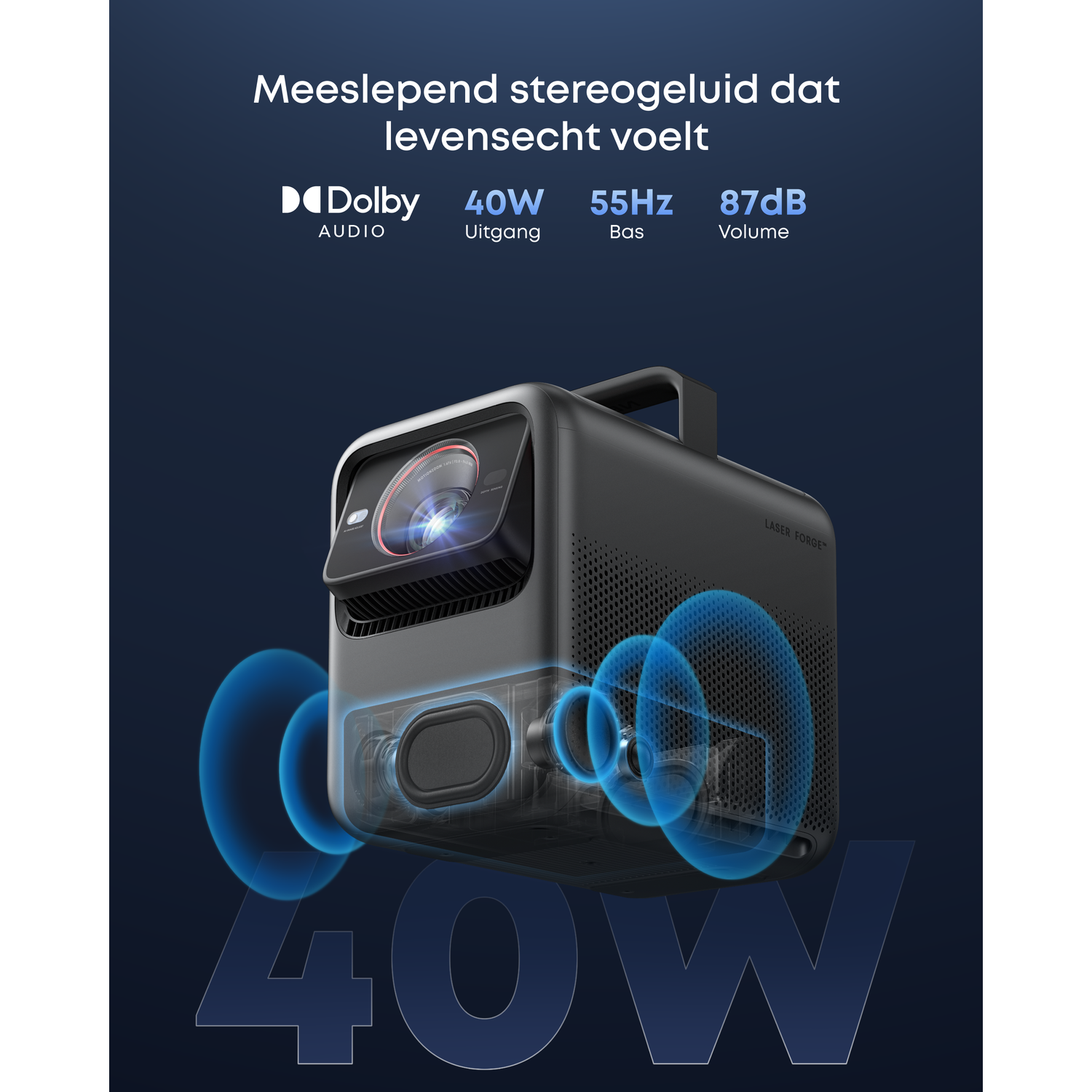A black projector with Dolby Audio, 40W output, 55Hz bass, and 87dB volume.