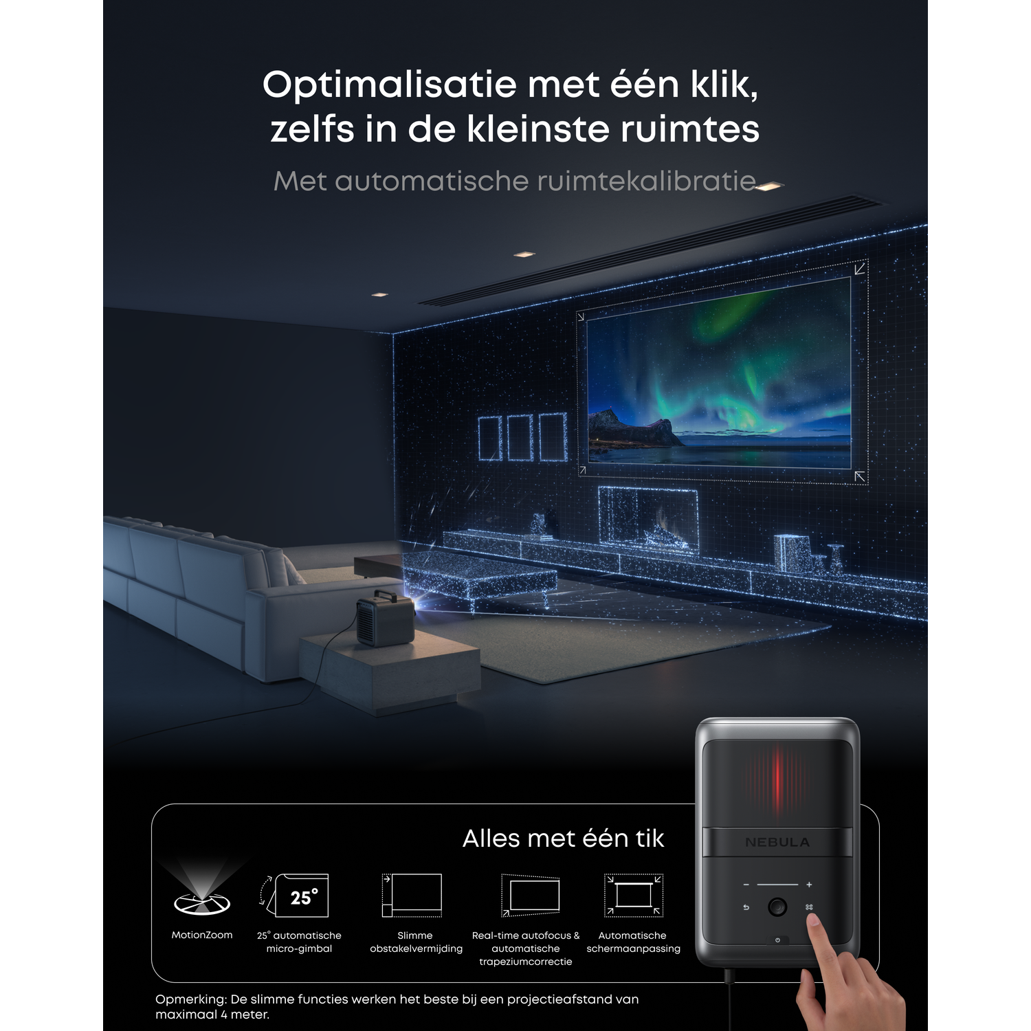 A projector optimizes an image in a dark living room showing the Northern Lights.