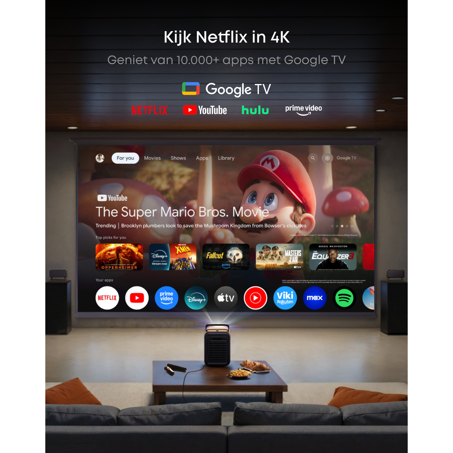 A projector displays Netflix and Google TV with apps like Super Mario Bros. on a screen.