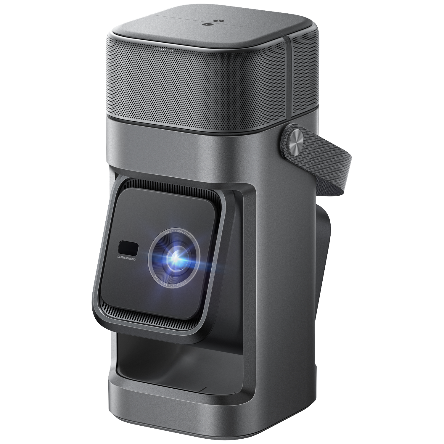 Dark gray projector with speaker and depth sensor.