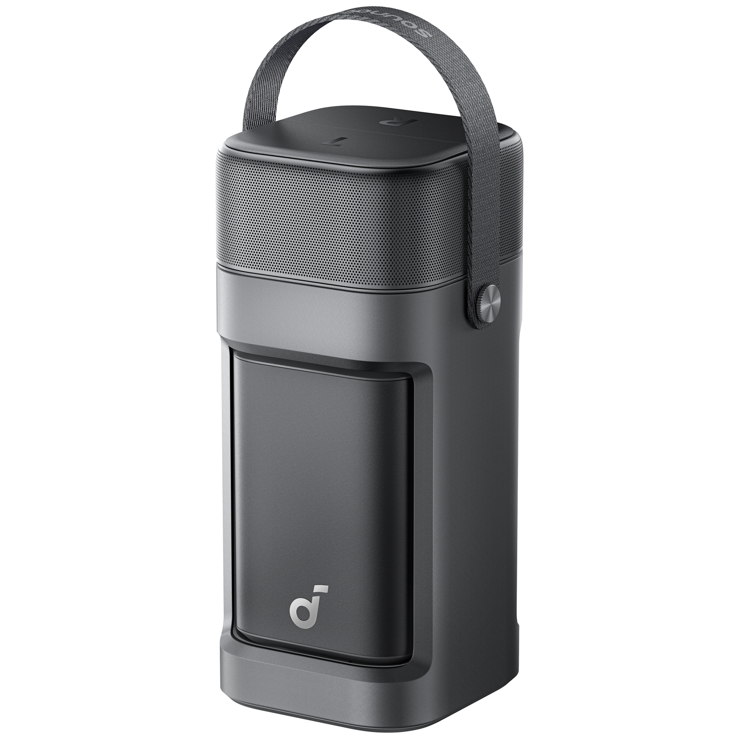 A black portable speaker with a handle and speaker grille on top, on white.