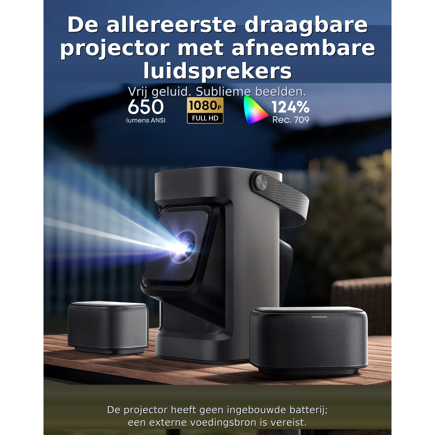 A portable projector with detachable speakers, featuring 1080p, 650 lumens, and 124% Rec. 709.